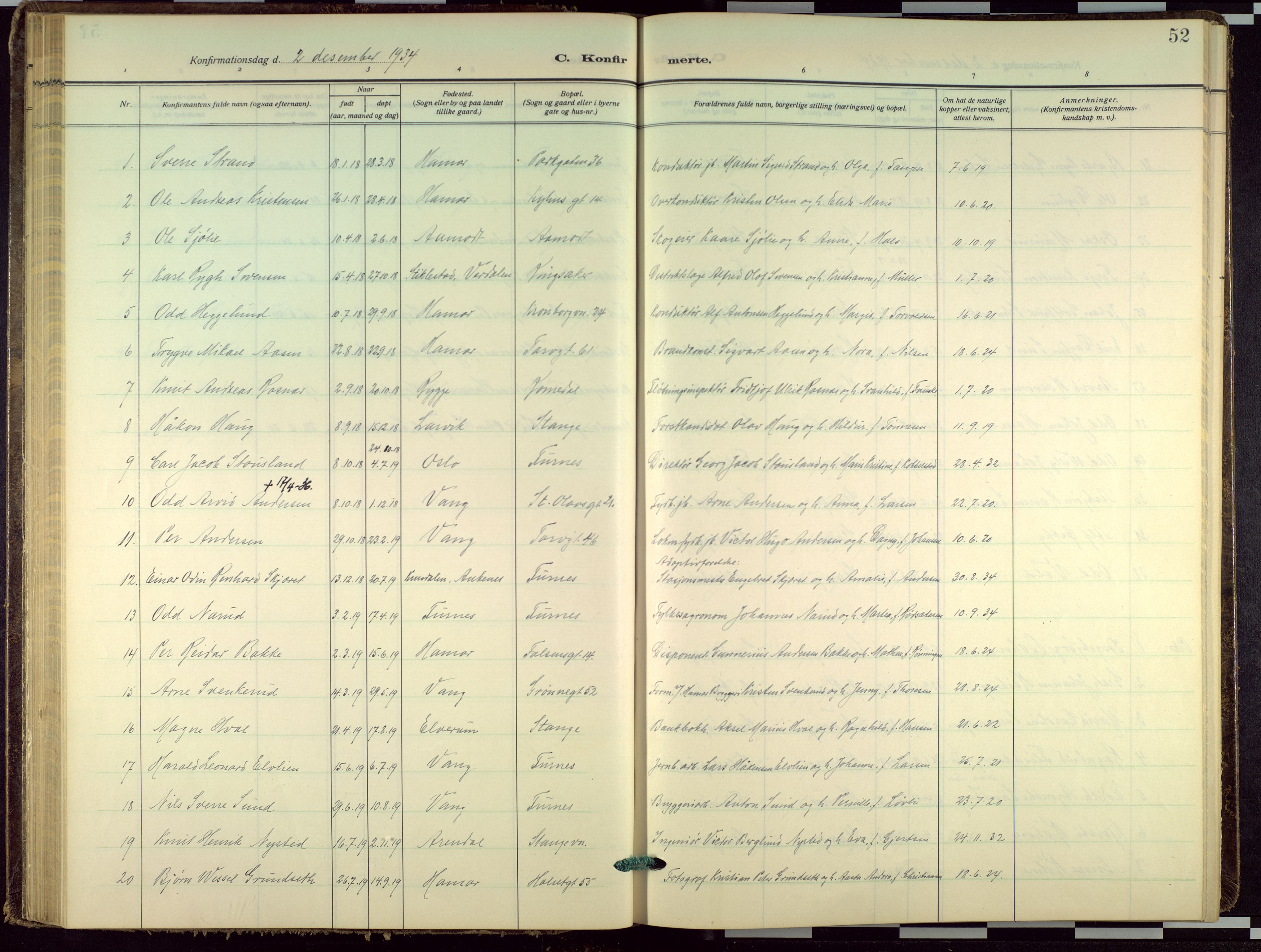 Hamar prestekontor, AV/SAH-DOMPH-002/H/Ha/Haa/L0005: Parish register (official) no. 5, 1929-1958, p. 52