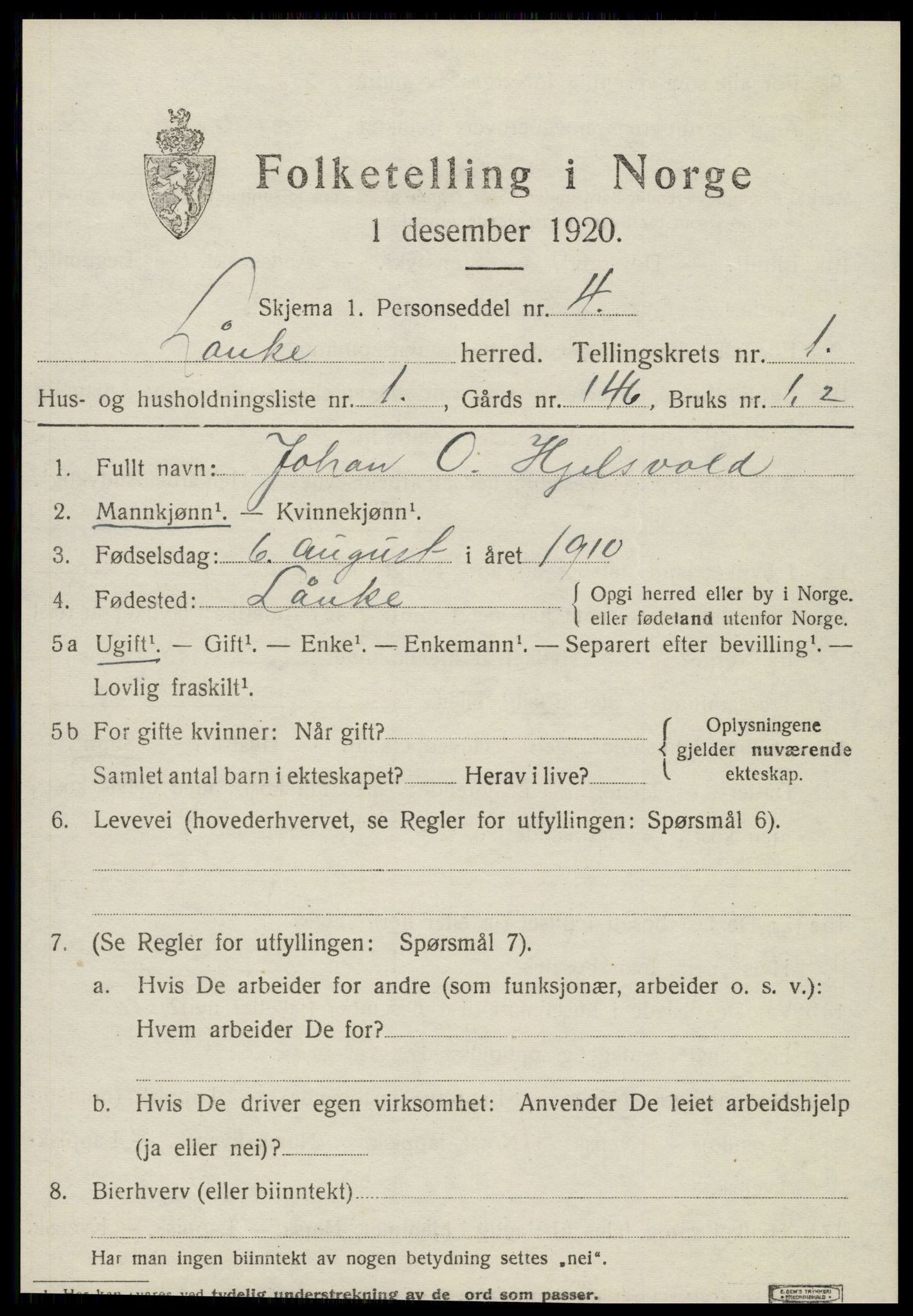 SAT, 1920 census for Lånke, 1920, p. 564