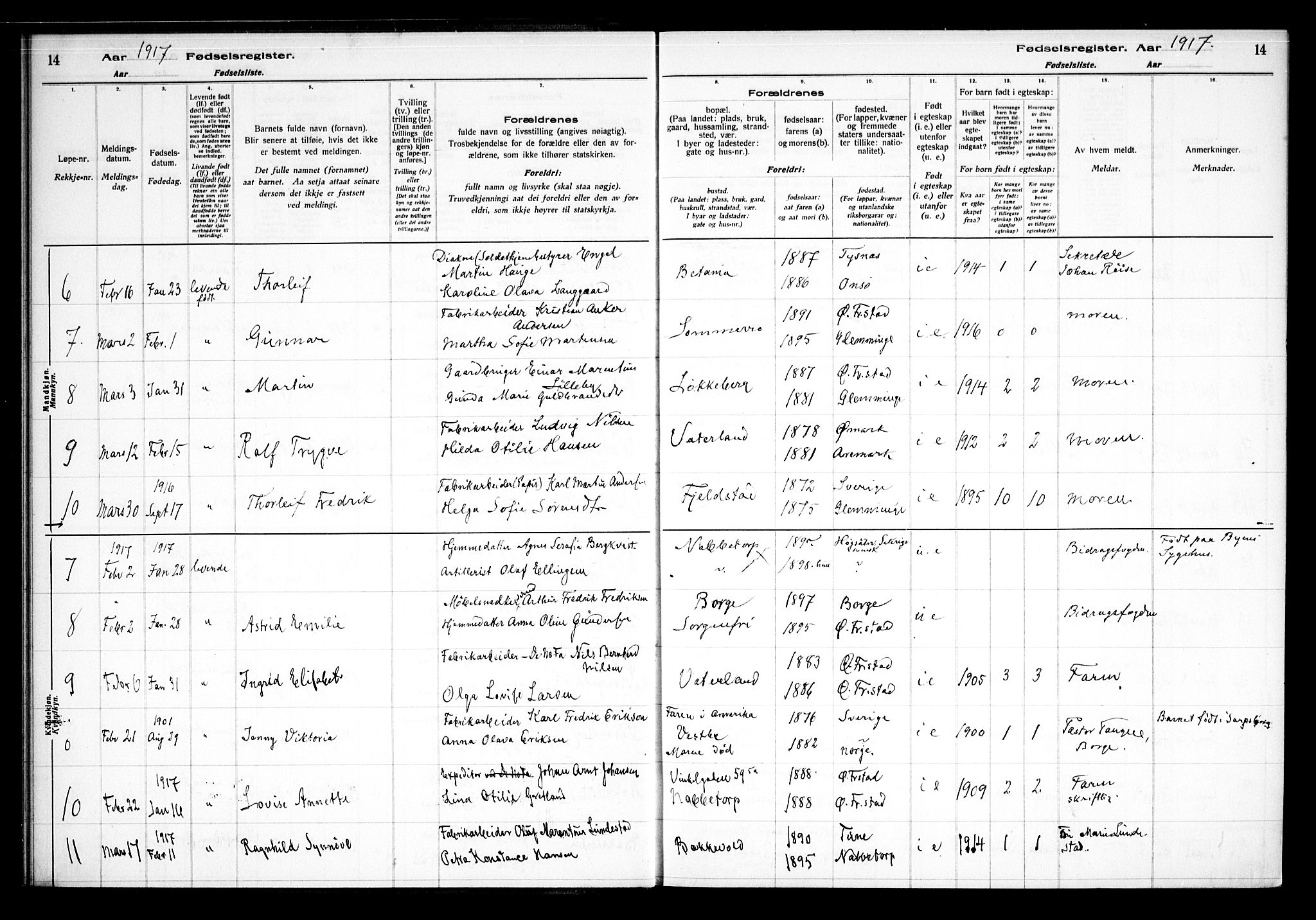 Østre Fredrikstad prestekontor Kirkebøker, AV/SAO-A-10907/J/Ja/L0001: Birth register no. 1, 1916-1936, p. 14