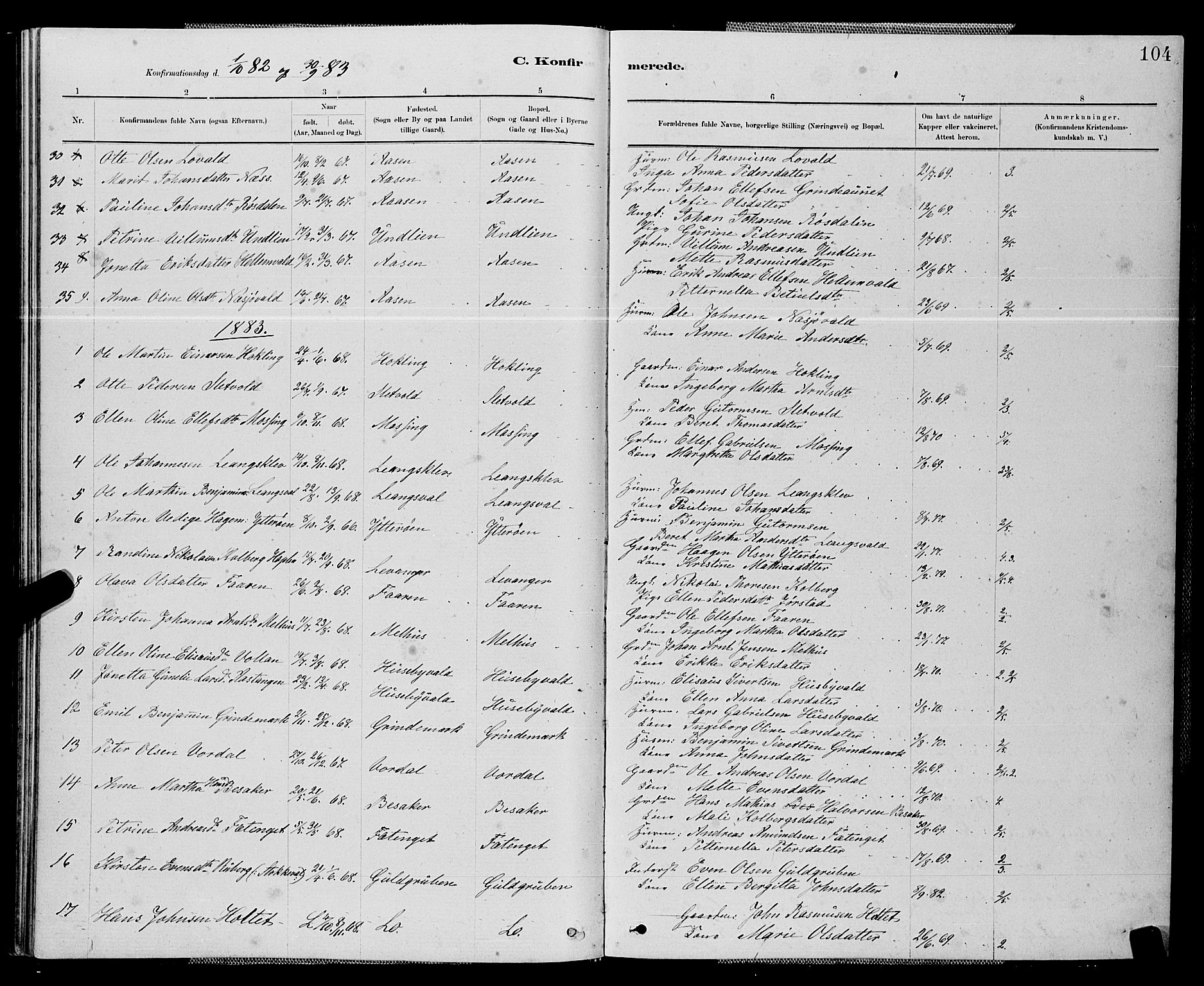Ministerialprotokoller, klokkerbøker og fødselsregistre - Nord-Trøndelag, AV/SAT-A-1458/714/L0134: Parish register (copy) no. 714C03, 1878-1898, p. 104