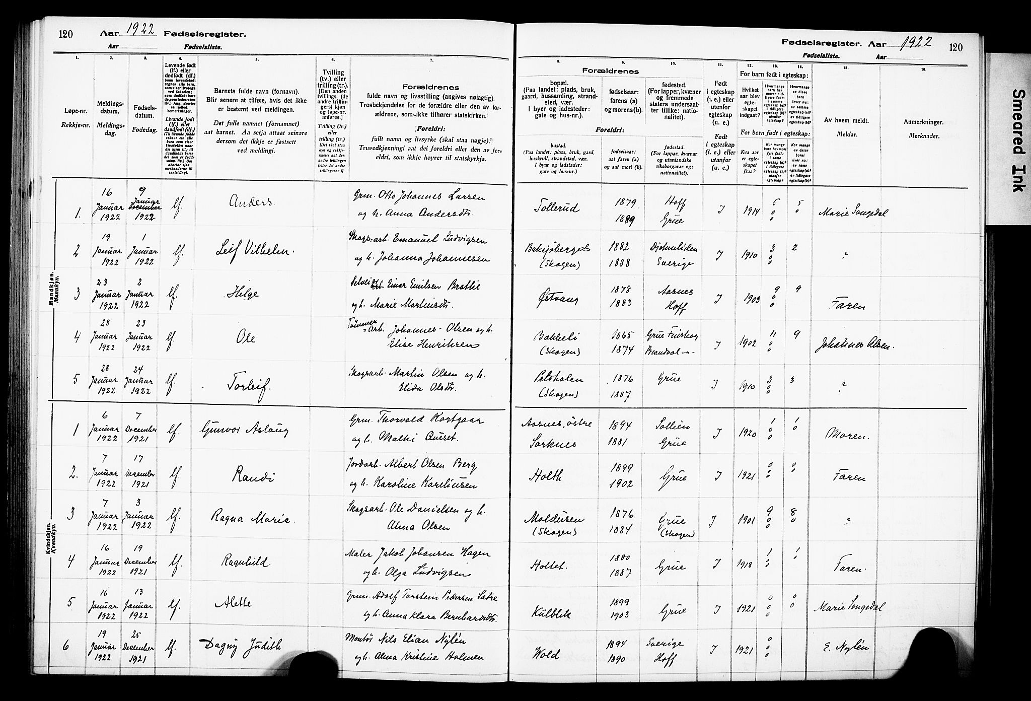 Grue prestekontor, AV/SAH-PREST-036/I/Id/Ida/L0001: Birth register no. I 1, 1916-1926, p. 120