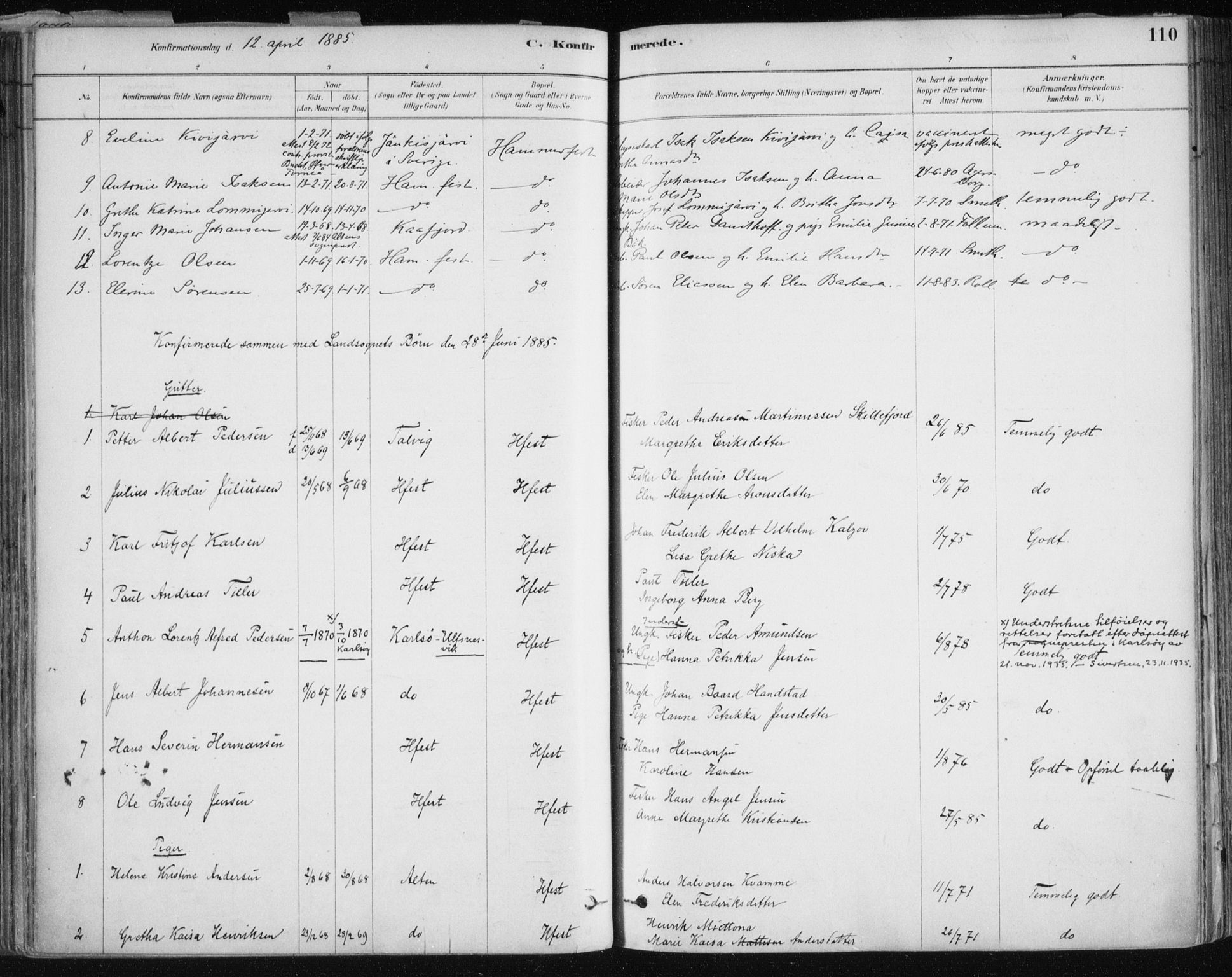 Hammerfest sokneprestkontor, AV/SATØ-S-1347/H/Ha/L0008.kirke: Parish register (official) no. 8, 1878-1889, p. 110