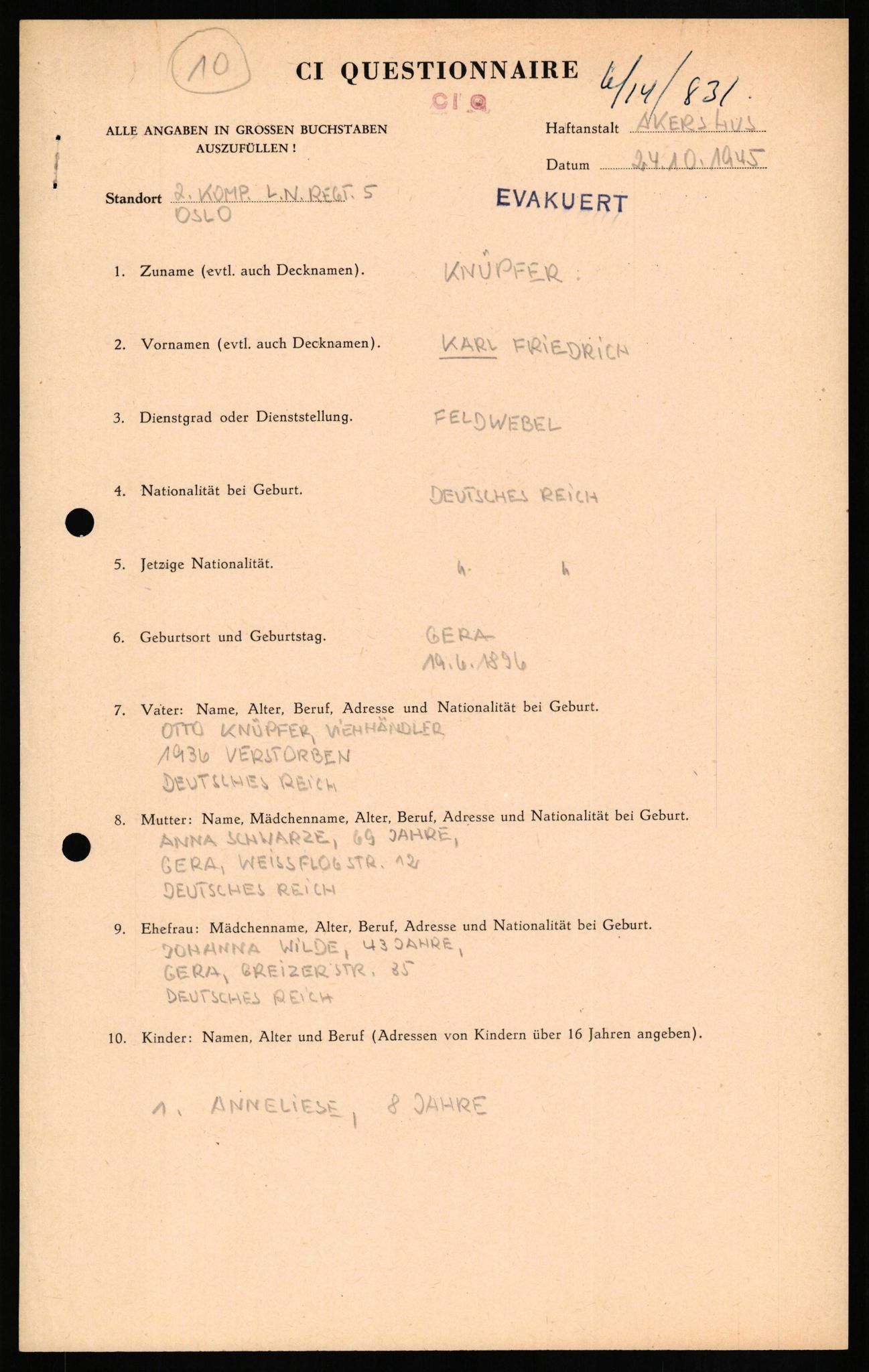 Forsvaret, Forsvarets overkommando II, AV/RA-RAFA-3915/D/Db/L0017: CI Questionaires. Tyske okkupasjonsstyrker i Norge. Tyskere., 1945-1946, p. 162