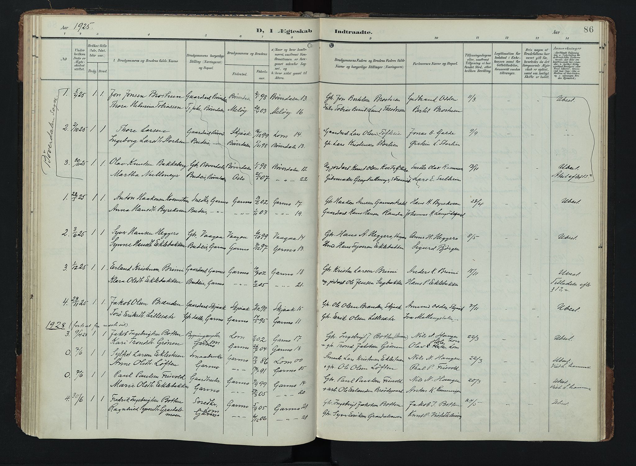 Lom prestekontor, AV/SAH-PREST-070/K/L0011: Parish register (official) no. 11, 1904-1928, p. 86