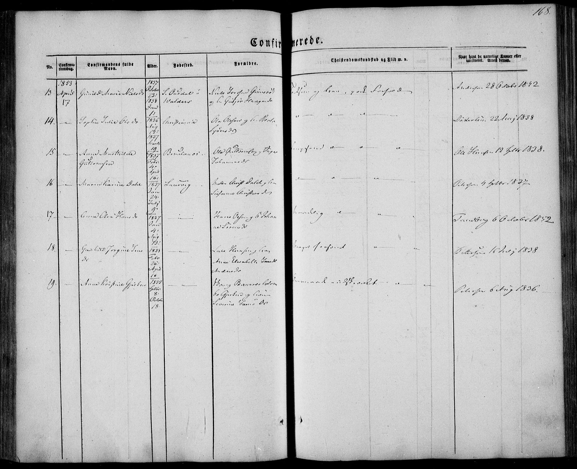 Larvik kirkebøker, AV/SAKO-A-352/F/Fa/L0003: Parish register (official) no. I 3, 1848-1856, p. 168