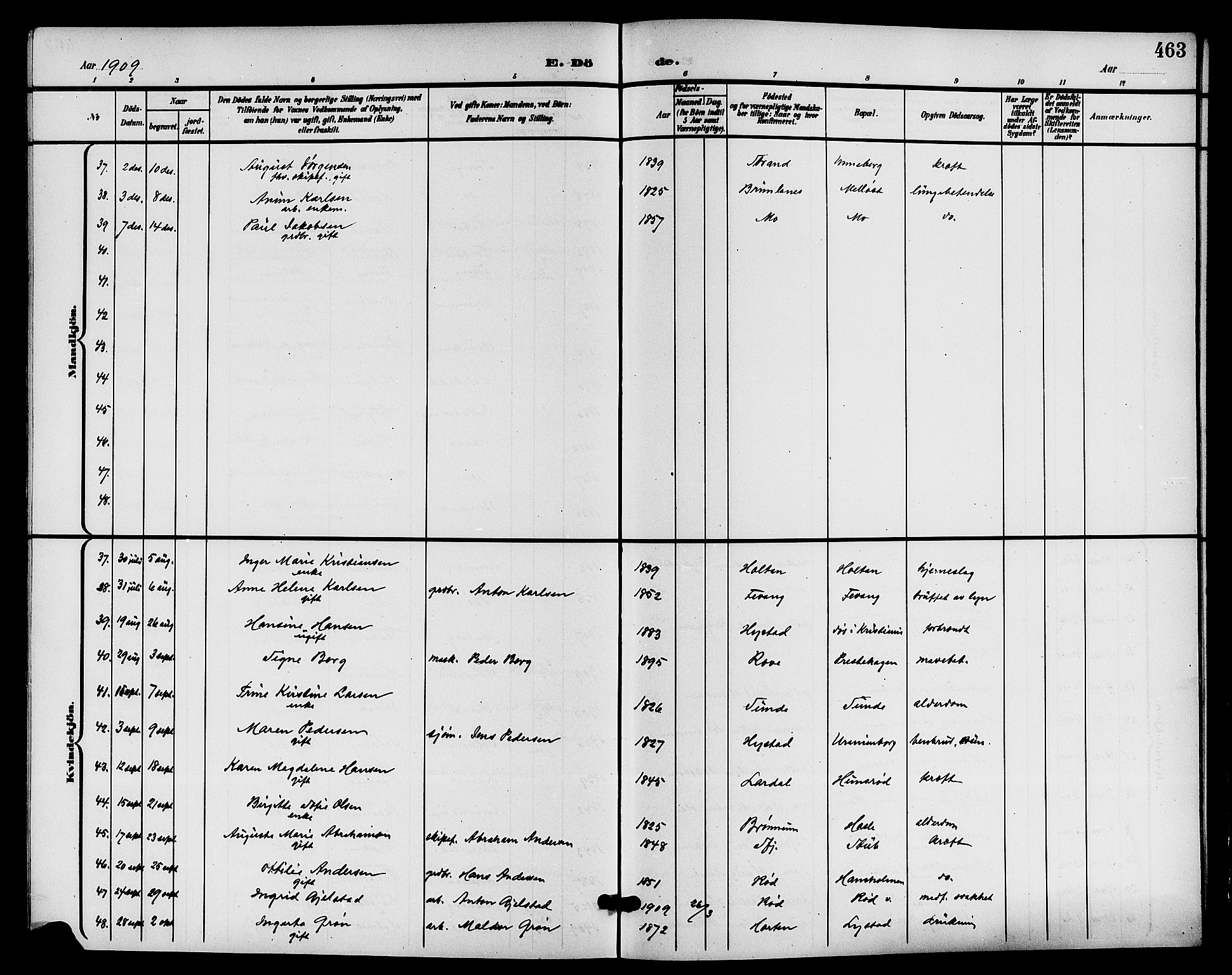 Sandar kirkebøker, AV/SAKO-A-243/G/Ga/L0002: Parish register (copy) no. 2, 1900-1915, p. 463