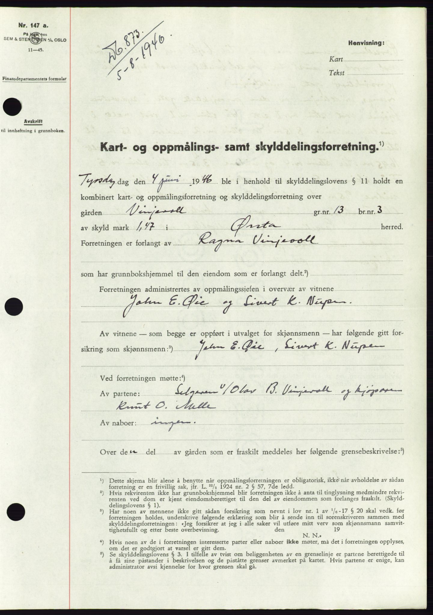 Søre Sunnmøre sorenskriveri, AV/SAT-A-4122/1/2/2C/L0078: Mortgage book no. 4A, 1946-1946, Diary no: : 873/1946