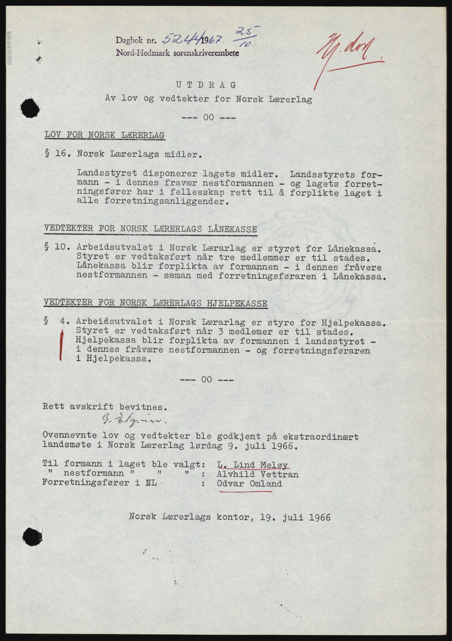 Nord-Hedmark sorenskriveri, SAH/TING-012/H/Hc/L0026: Mortgage book no. 26, 1967-1967, Diary no: : 5244/1967