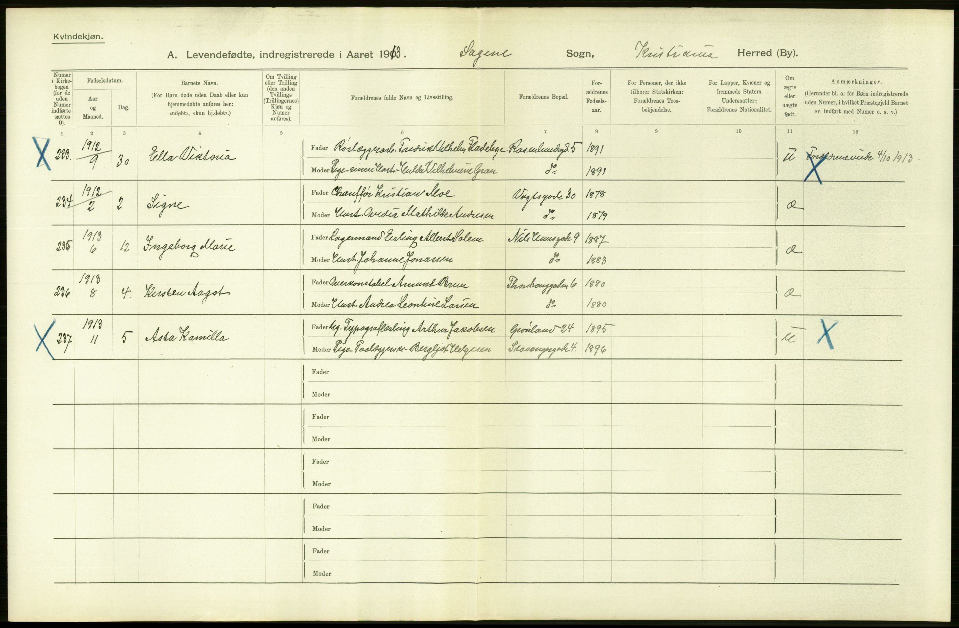 Statistisk sentralbyrå, Sosiodemografiske emner, Befolkning, AV/RA-S-2228/D/Df/Dfb/Dfbc/L0006: Kristiania: Levendefødte menn og kvinner., 1913, p. 70