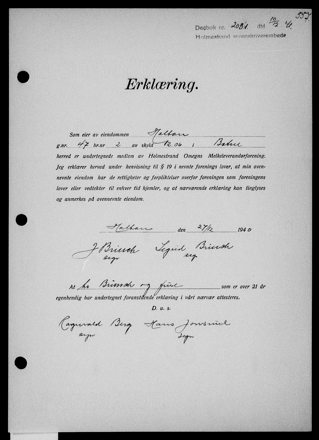 Holmestrand sorenskriveri, SAKO/A-67/G/Ga/Gaa/L0054: Mortgage book no. A-54, 1941-1942, Diary no: : 2031/1941
