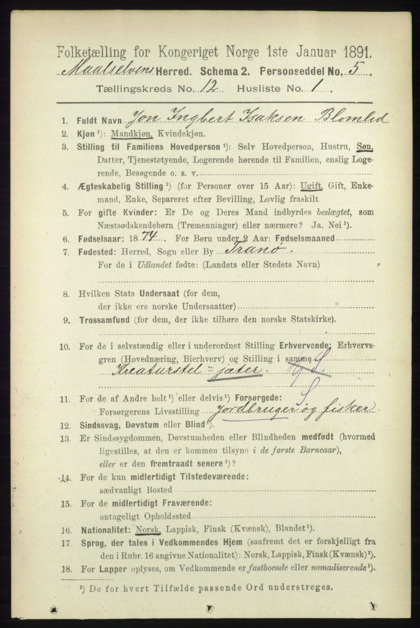 RA, 1891 census for 1924 Målselv, 1891, p. 3793