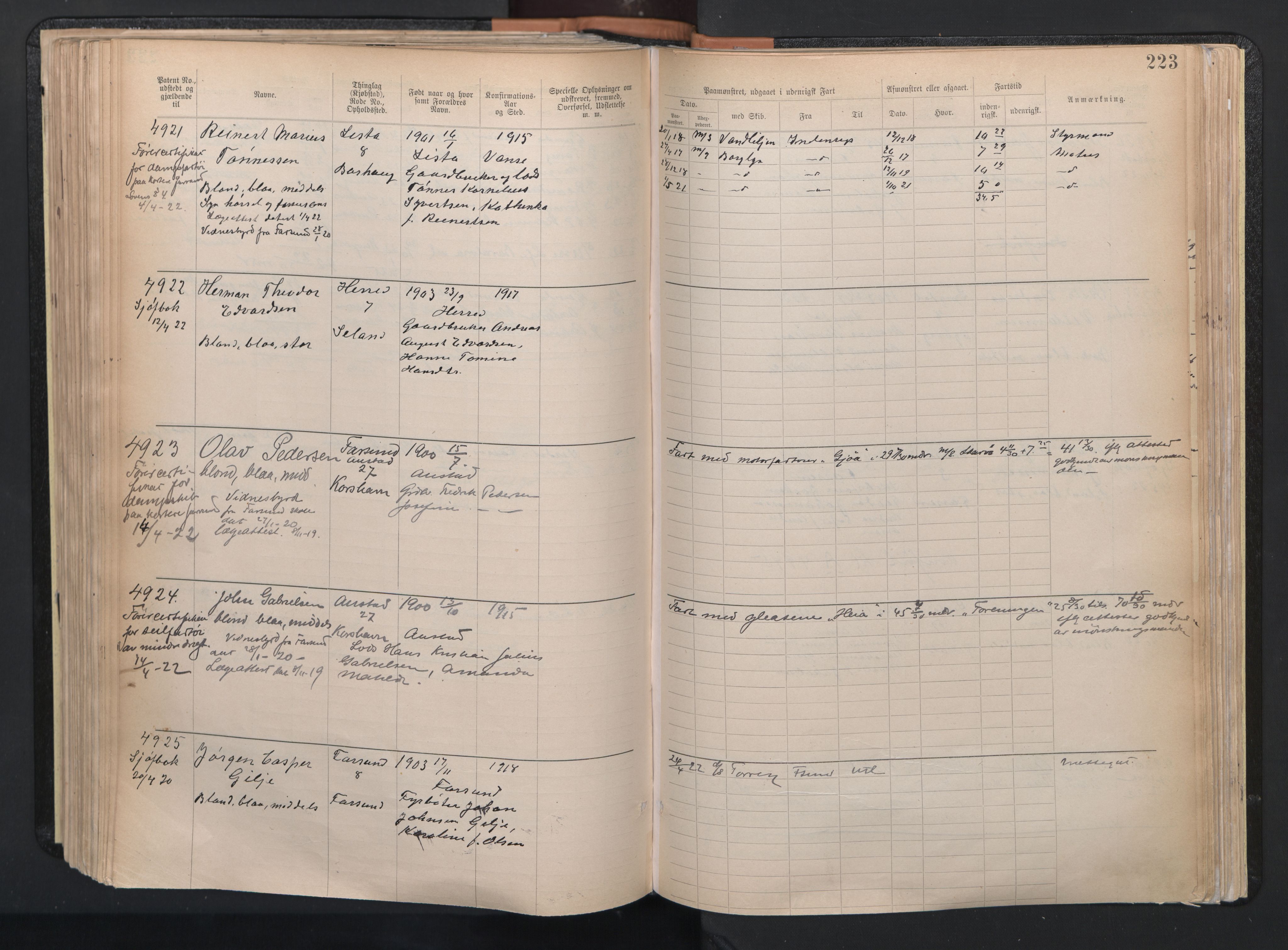 Farsund mønstringskrets, AV/SAK-2031-0017/F/Fa/L0003: Annotasjonsrulle nr 3816-5304 med register, M-3, 1894-1948, p. 254