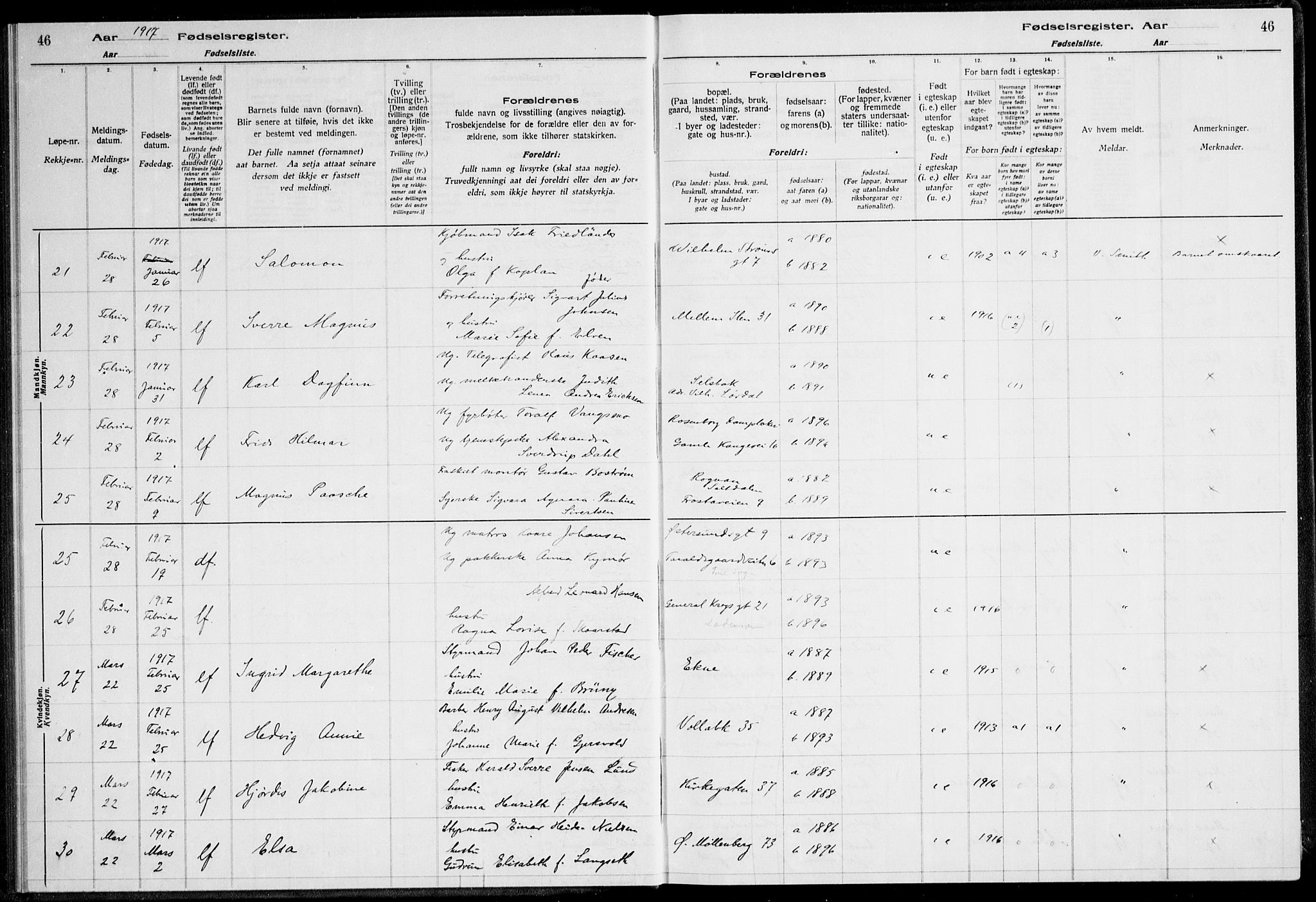 Ministerialprotokoller, klokkerbøker og fødselsregistre - Sør-Trøndelag, AV/SAT-A-1456/600/L0002: Birth register no. 600.II.4.1, 1916-1920, p. 46