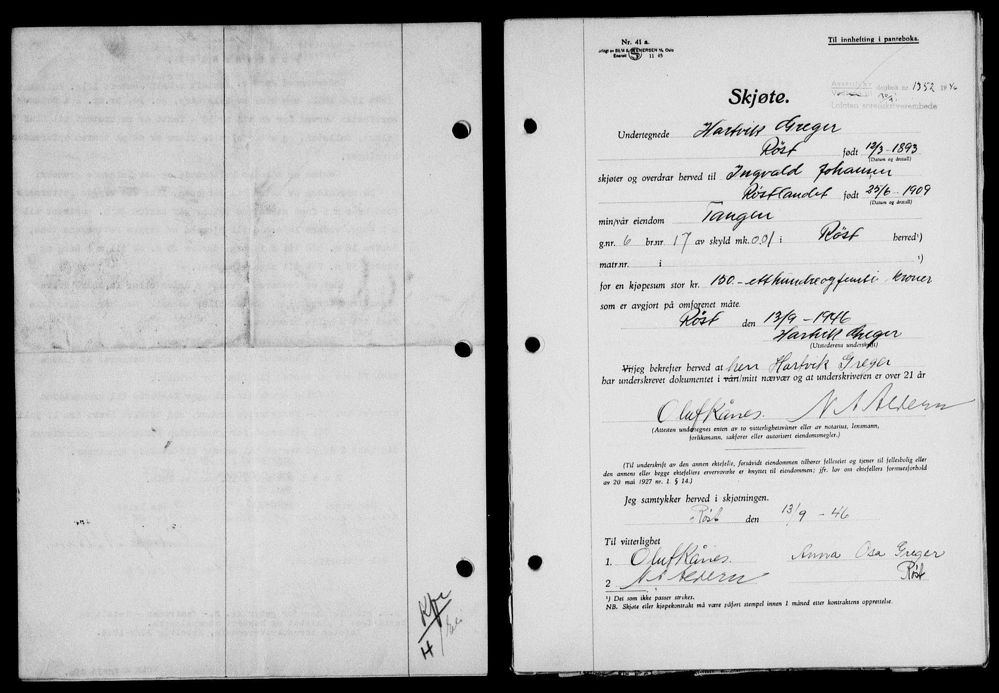 Lofoten sorenskriveri, SAT/A-0017/1/2/2C/L0014a: Mortgage book no. 14a, 1946-1946, Diary no: : 1352/1946