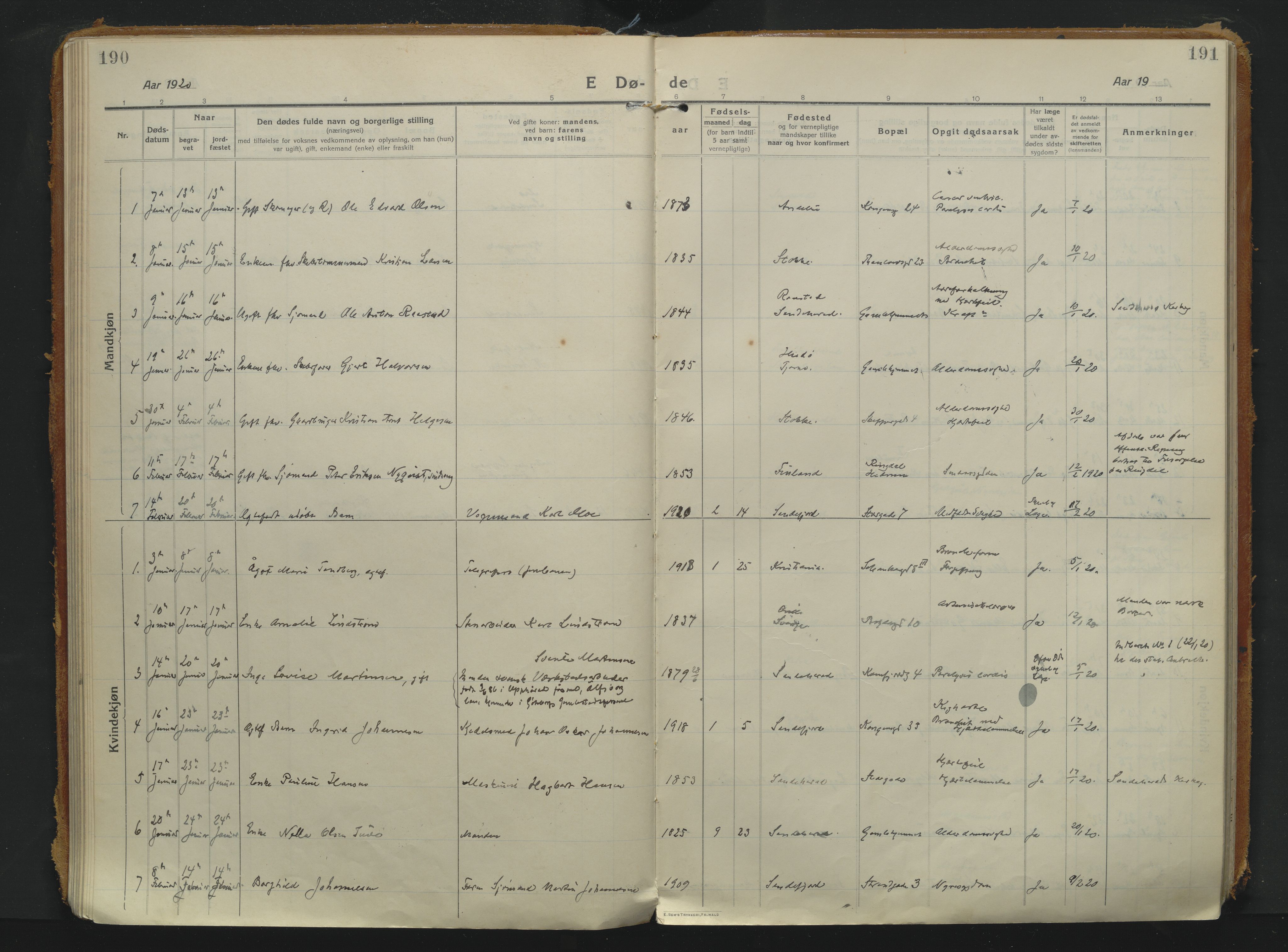 Sandefjord kirkebøker, SAKO/A-315/F/Fa/L0008: Parish register (official) no. 8, 1916-1926, p. 190-191
