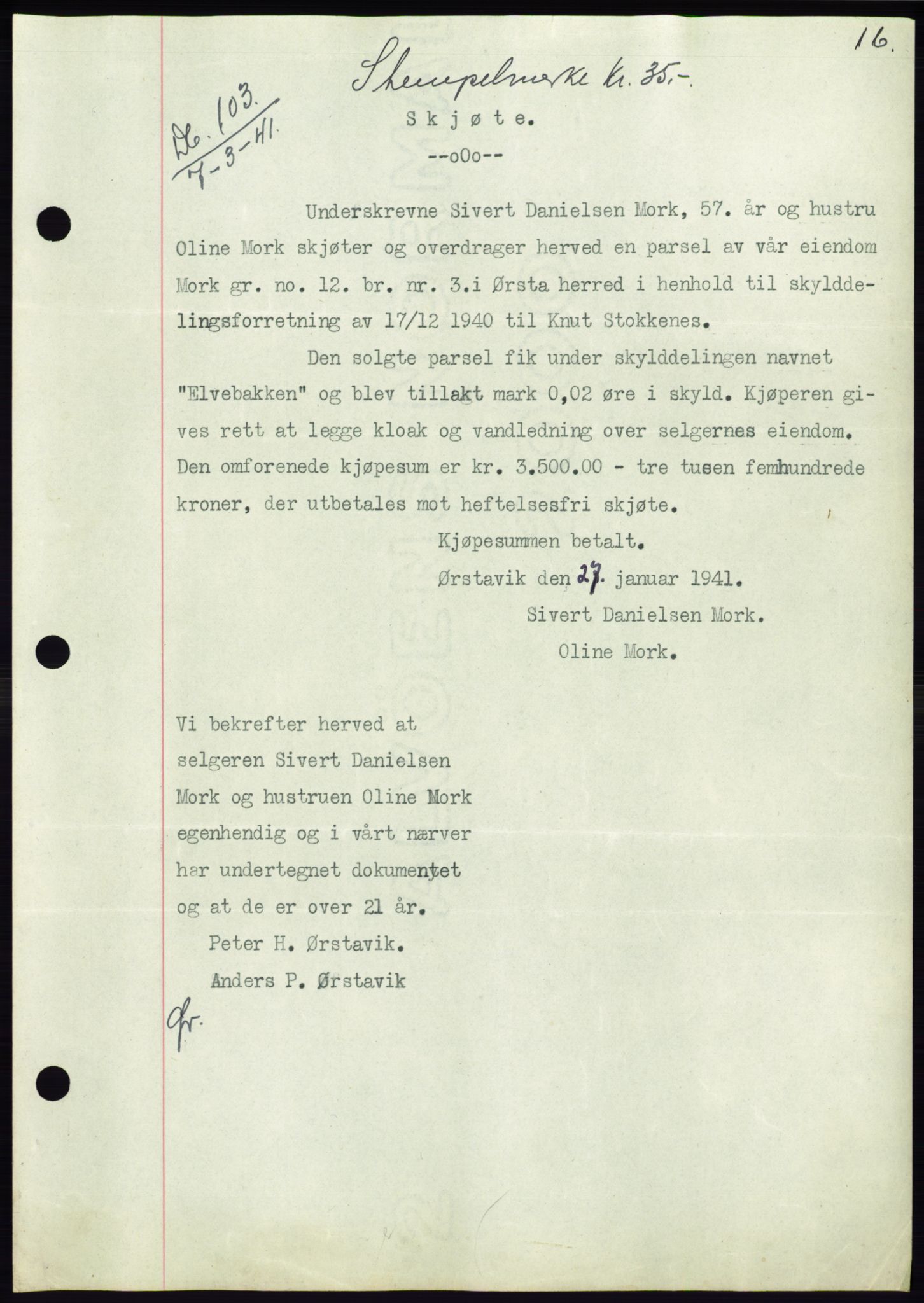 Søre Sunnmøre sorenskriveri, AV/SAT-A-4122/1/2/2C/L0071: Mortgage book no. 65, 1941-1941, Diary no: : 103/1941