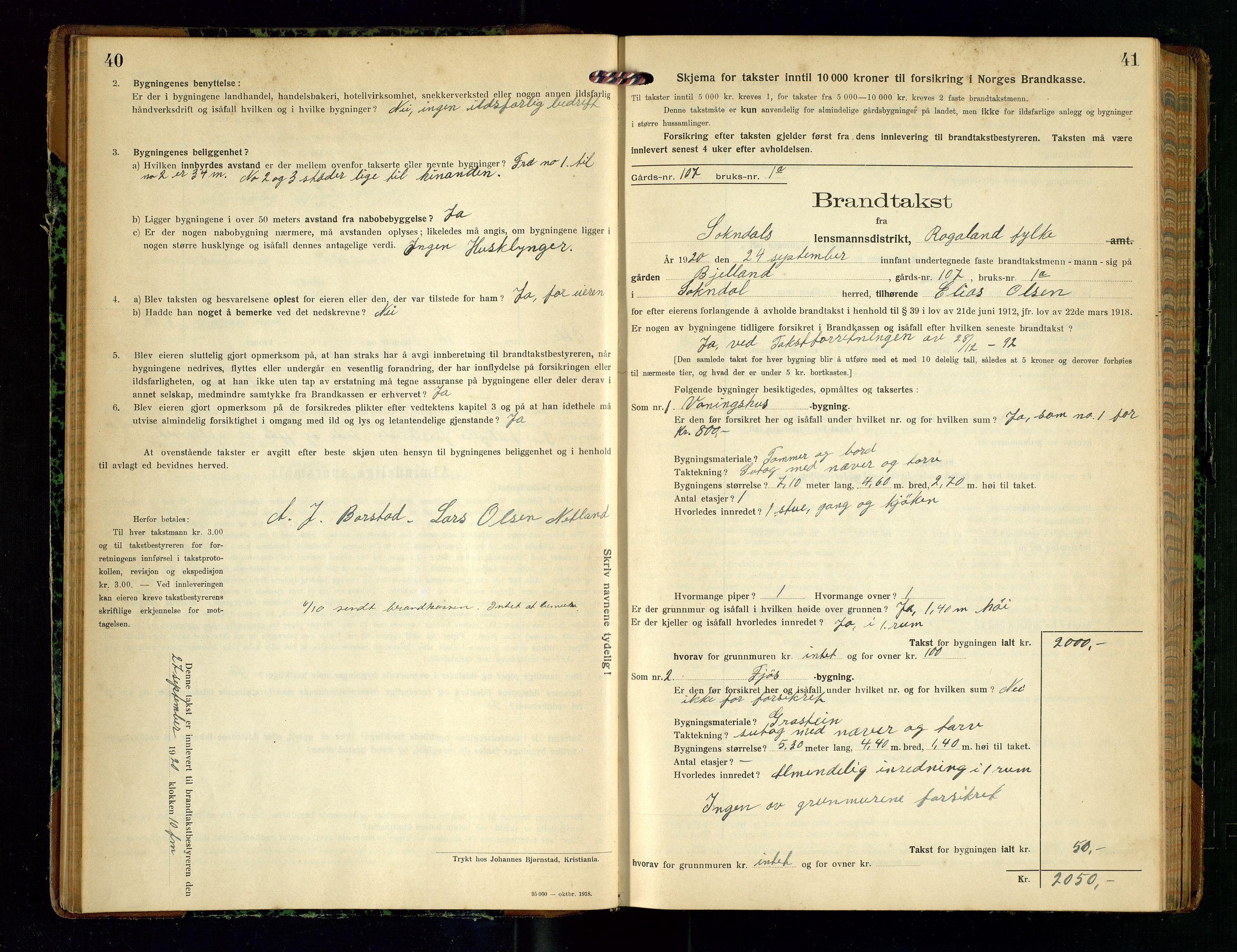 Sokndal lensmannskontor, AV/SAST-A-100417/Gob/L0005: "Brandtakst-Protokol", 1920-1924, p. 40-41