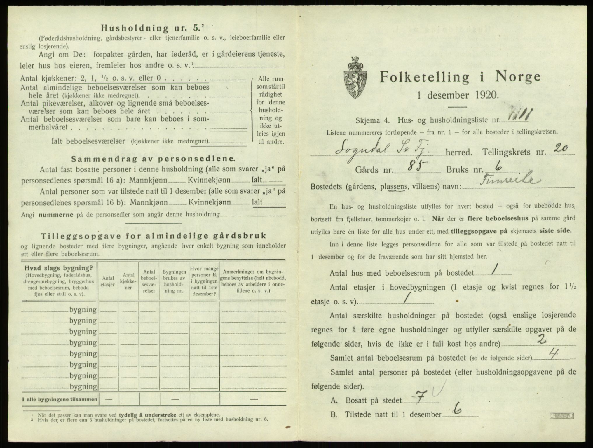 SAB, 1920 census for Sogndal, 1920, p. 1122