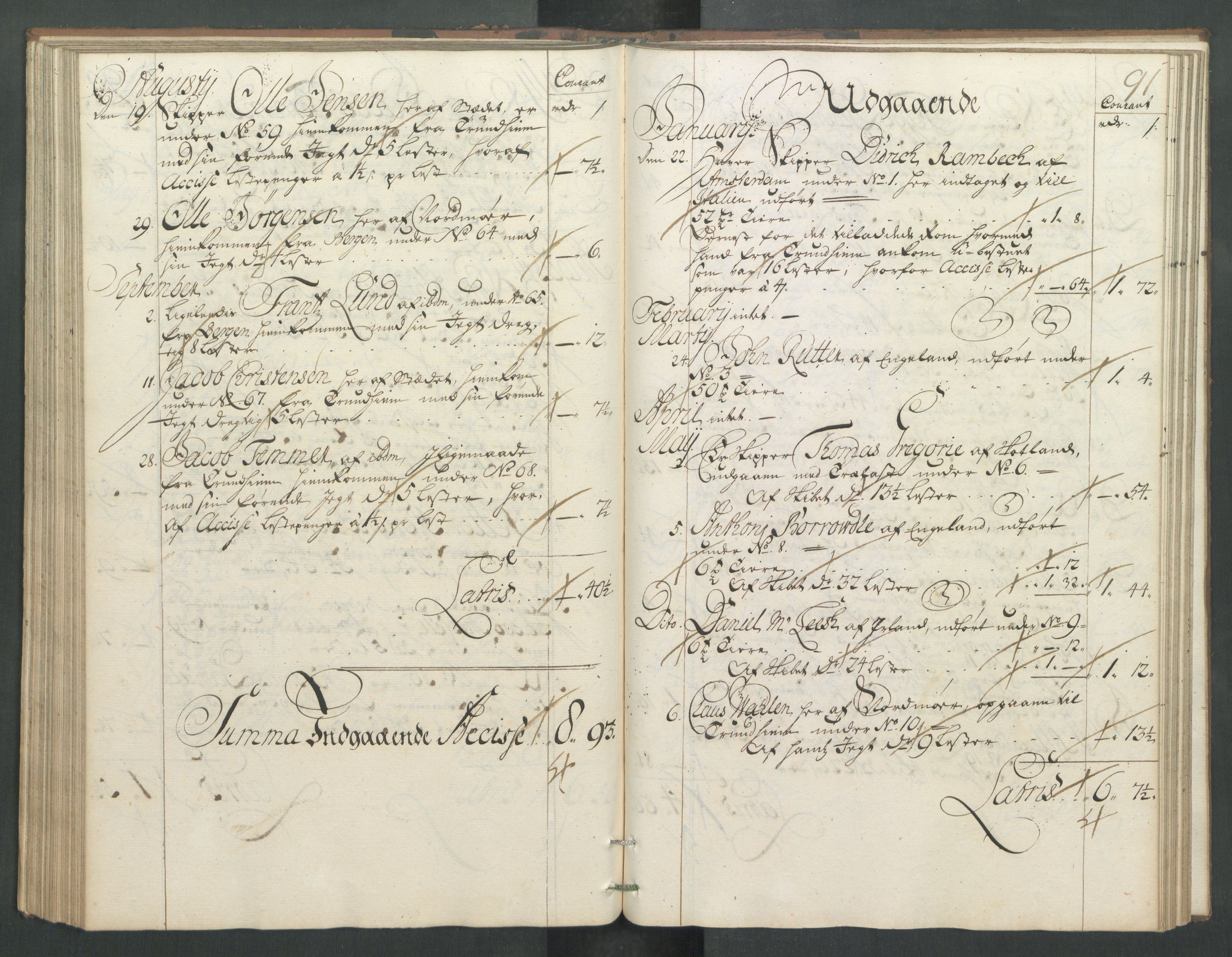 Generaltollkammeret, tollregnskaper, RA/EA-5490/R32/L0005/0001: Tollregnskaper Kristiansund / Hovedtollbok, 1733, p. 90b-91a