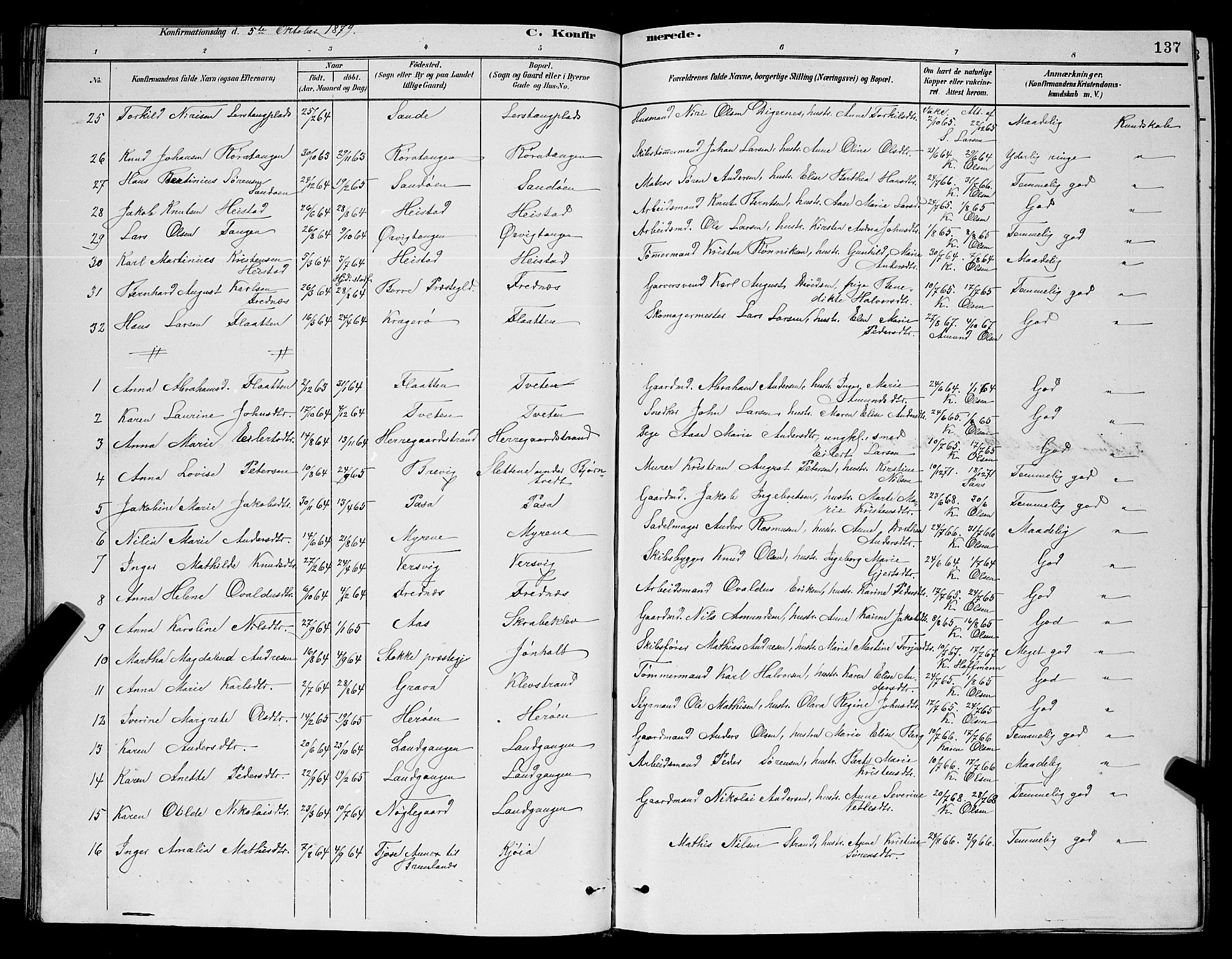 Eidanger kirkebøker, AV/SAKO-A-261/G/Ga/L0002: Parish register (copy) no. 2, 1879-1892, p. 137