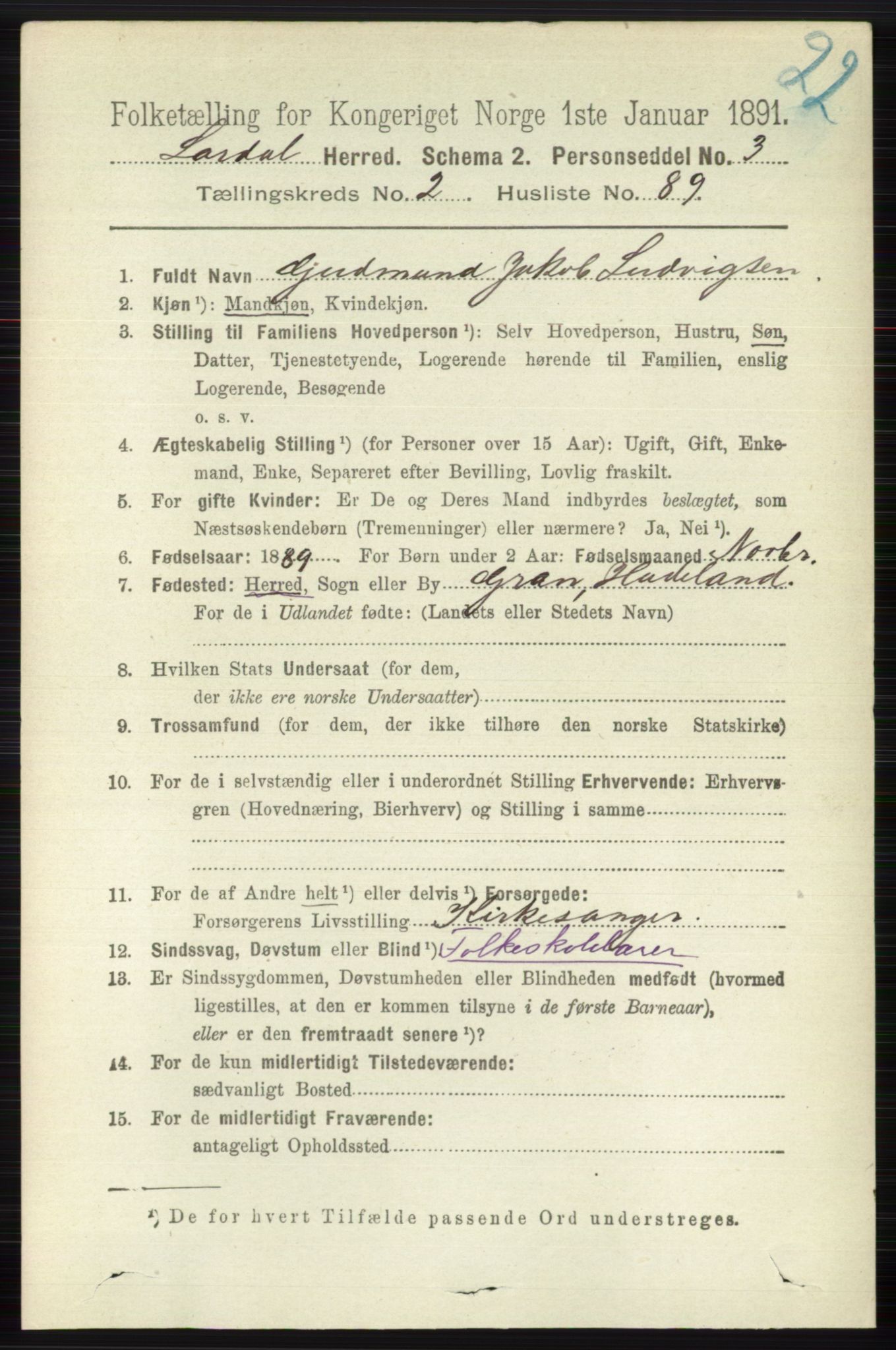 RA, 1891 census for 0728 Lardal, 1891, p. 1225