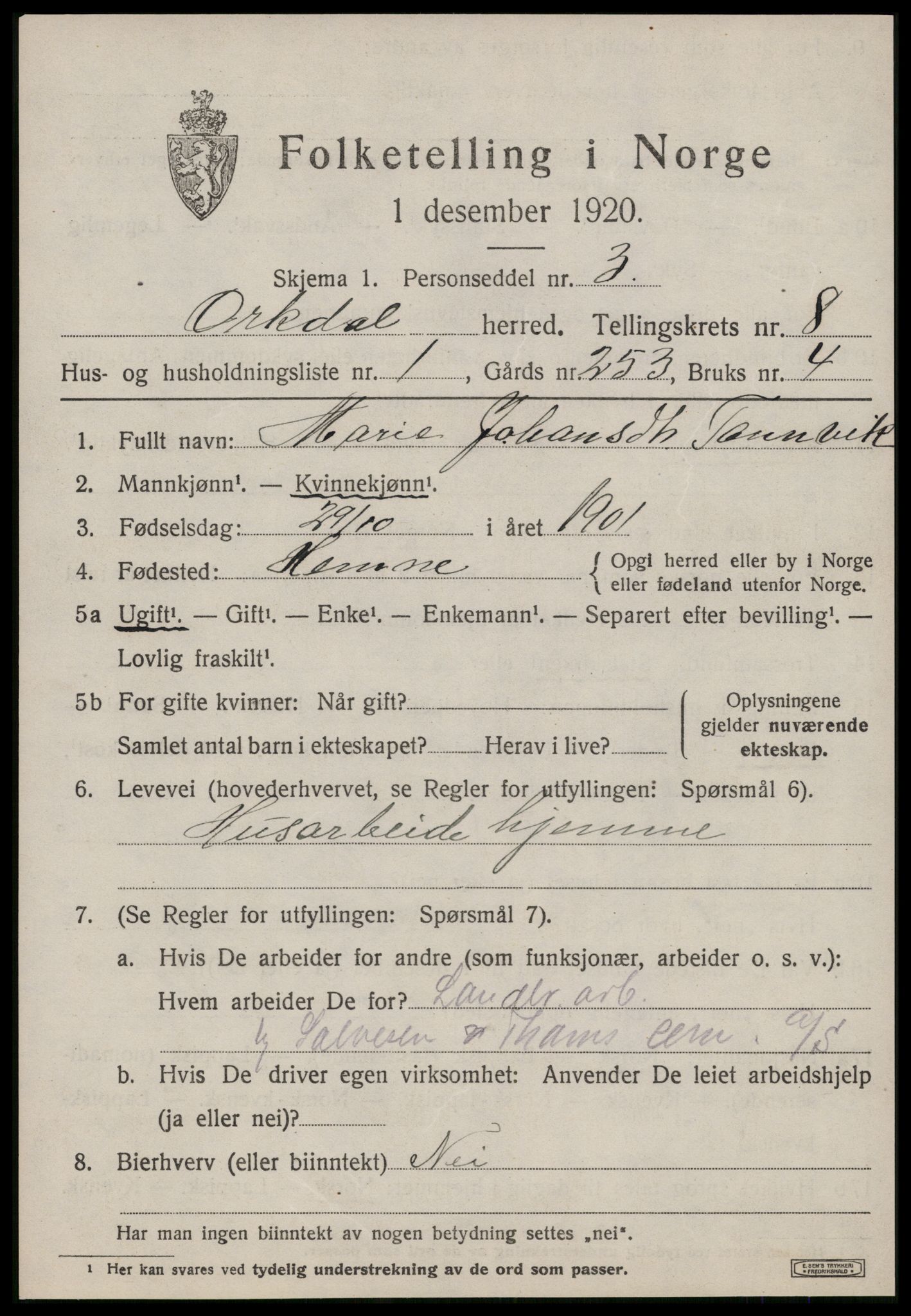 SAT, 1920 census for Orkdal, 1920, p. 6356