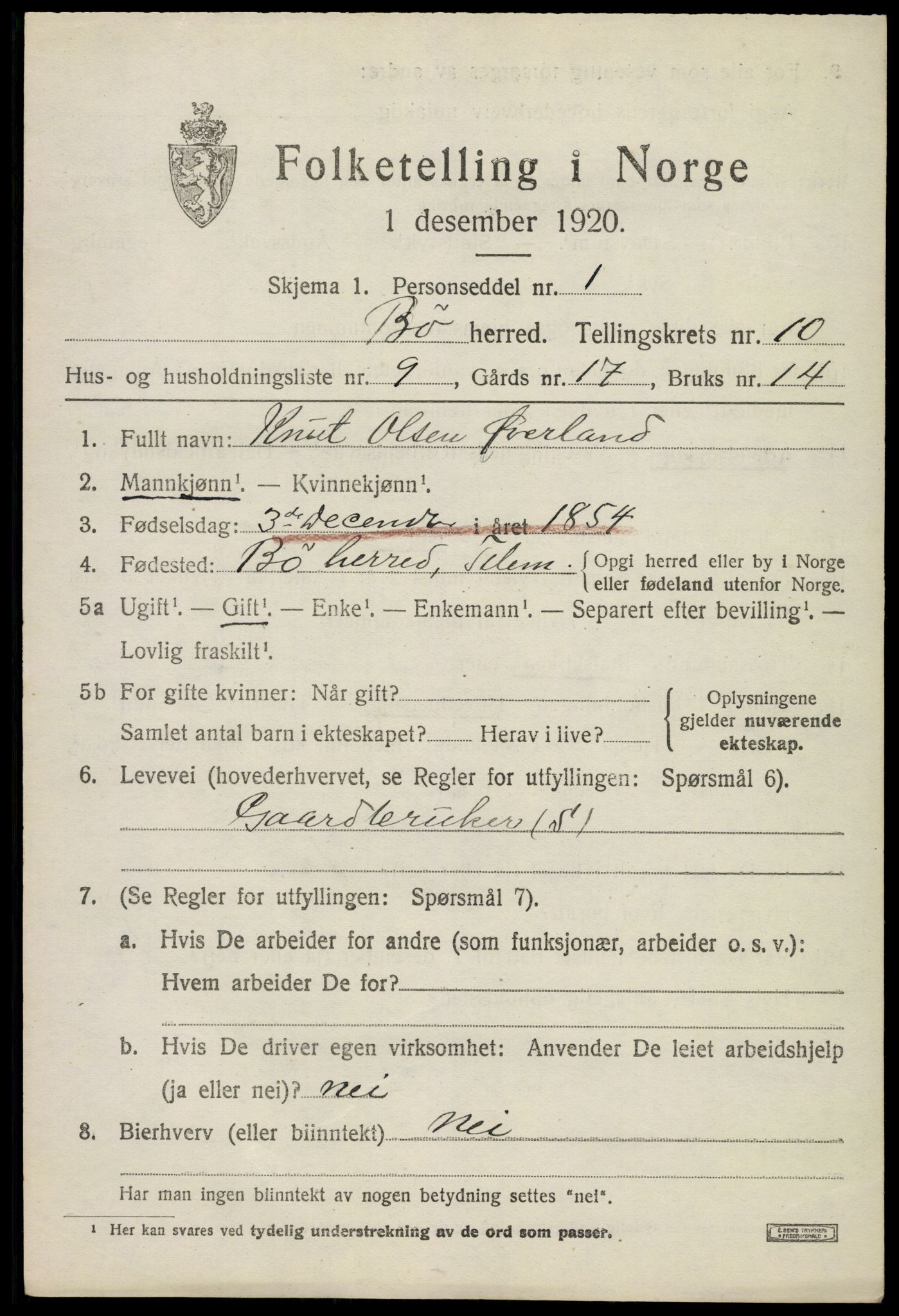 SAKO, 1920 census for Bø (Telemark), 1920, p. 6632