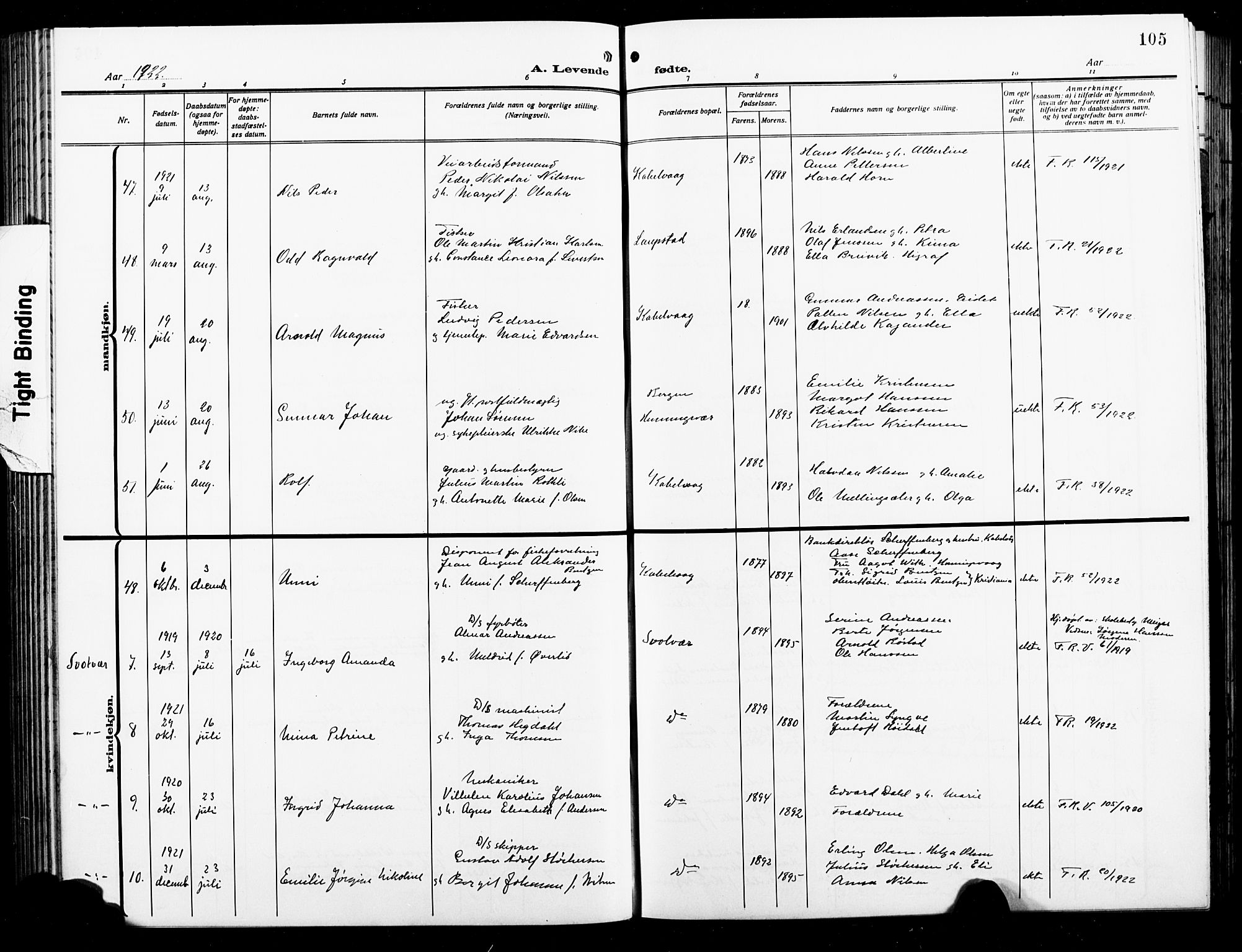 Ministerialprotokoller, klokkerbøker og fødselsregistre - Nordland, SAT/A-1459/874/L1080: Parish register (copy) no. 874C09, 1915-1925, p. 105