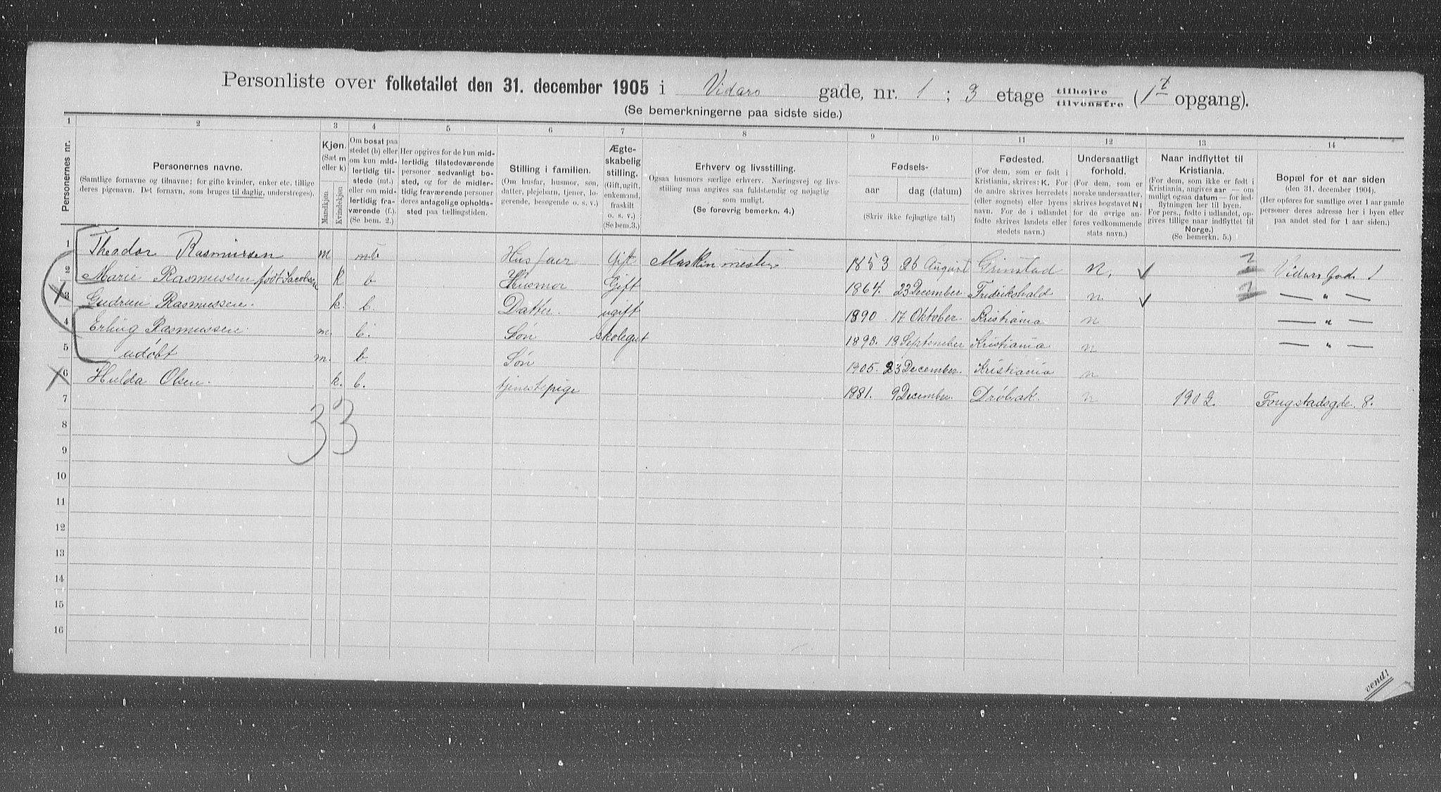 OBA, Municipal Census 1905 for Kristiania, 1905, p. 65174