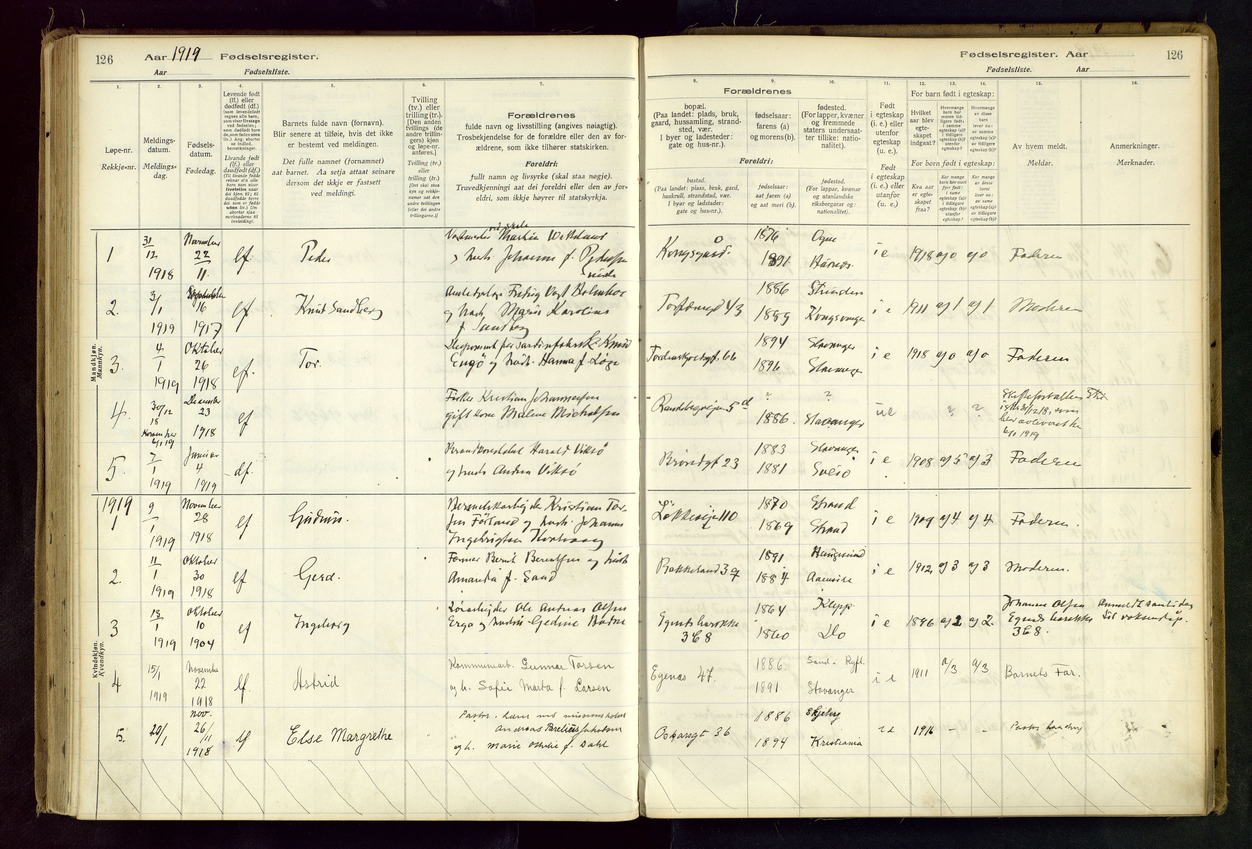 Domkirken sokneprestkontor, AV/SAST-A-101812/002/B/L0001: Birth register no. 1, 1916-1920, p. 126