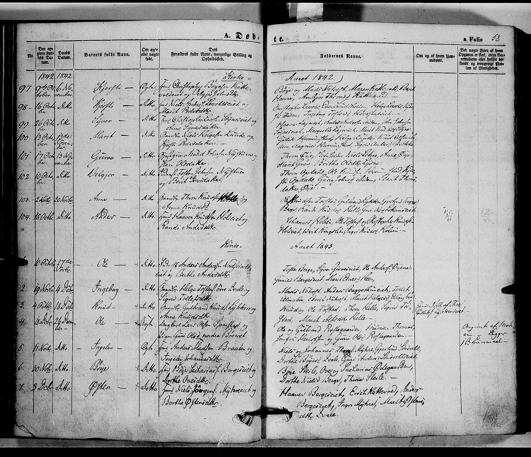 Vang prestekontor, Valdres, SAH/PREST-140/H/Ha/L0005: Parish register (official) no. 5, 1831-1845, p. 58
