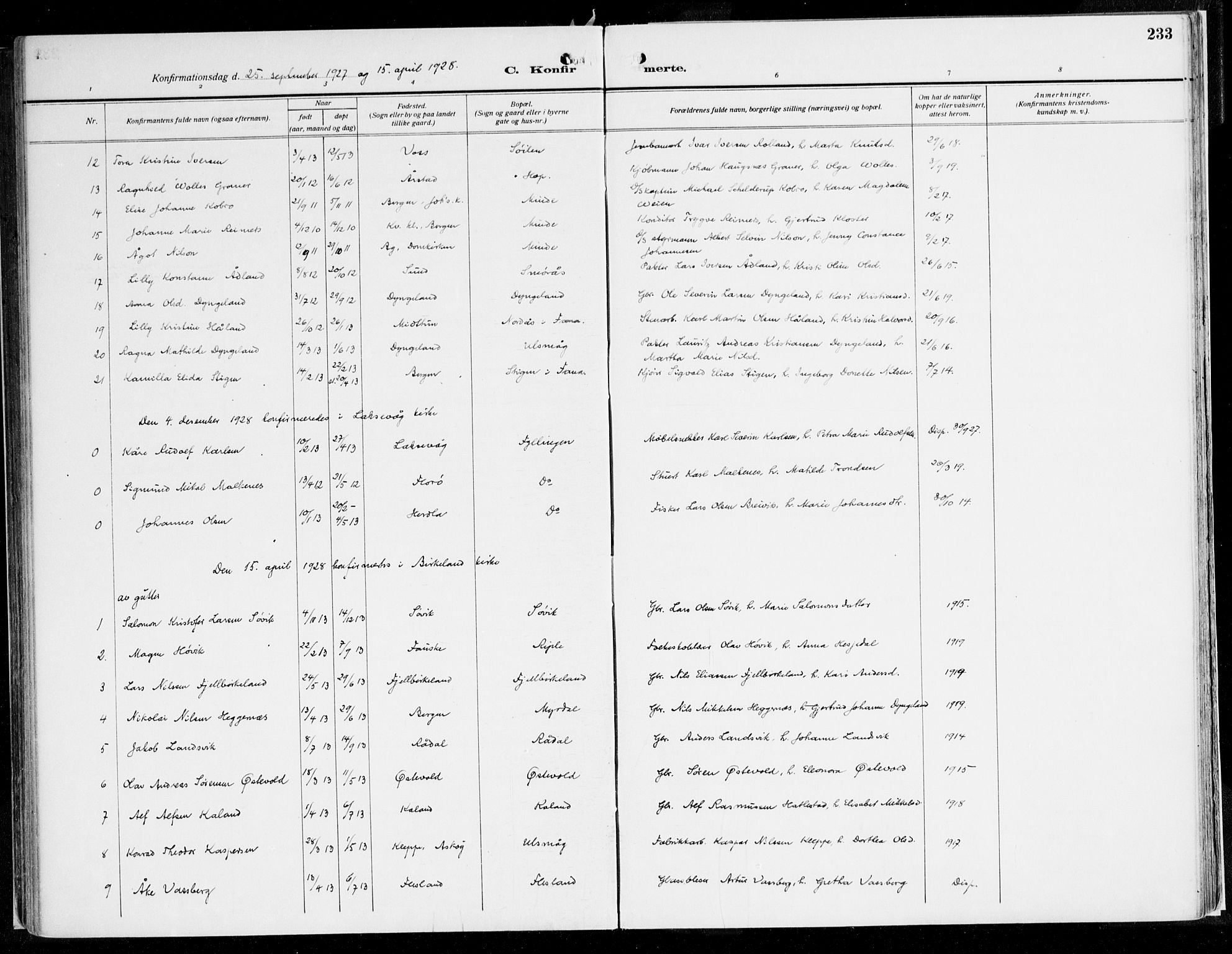 Fana Sokneprestembete, SAB/A-75101/H/Haa/Haaj/L0001: Parish register (official) no. J 1, 1921-1935, p. 233