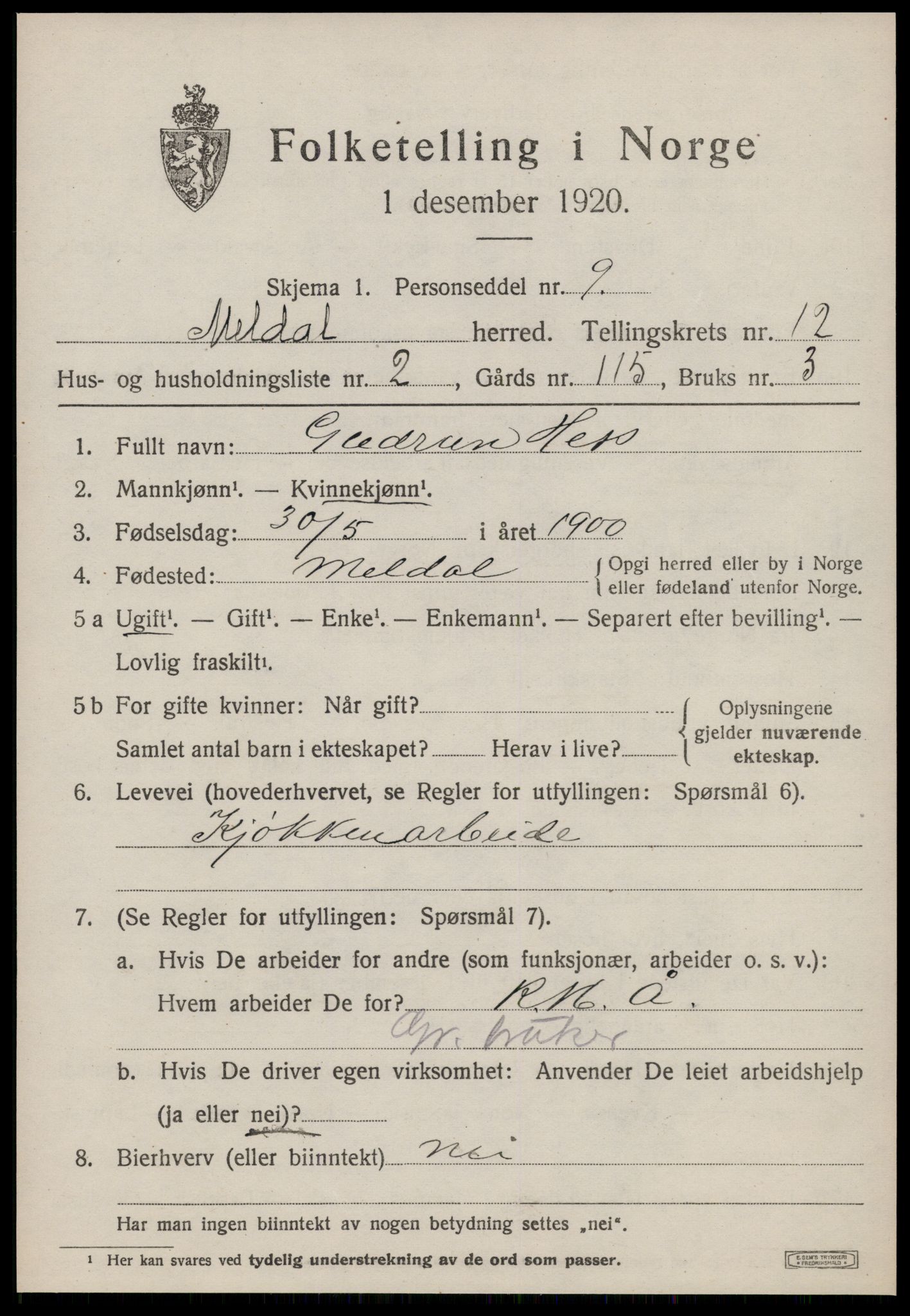 SAT, 1920 census for Meldal, 1920, p. 9165