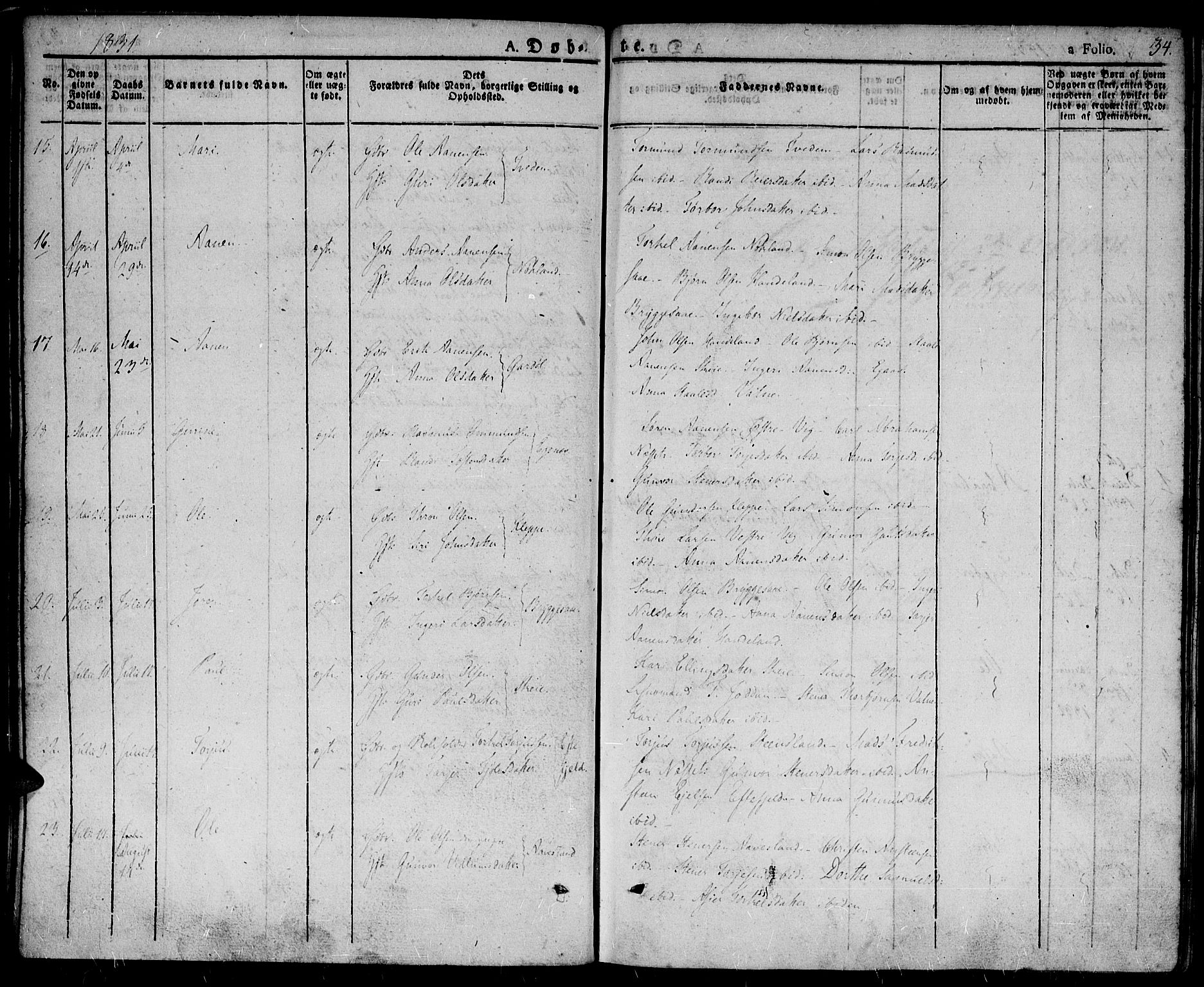 Hægebostad sokneprestkontor, AV/SAK-1111-0024/F/Fa/Fab/L0001: Parish register (official) no. A 1, 1823-1867, p. 34