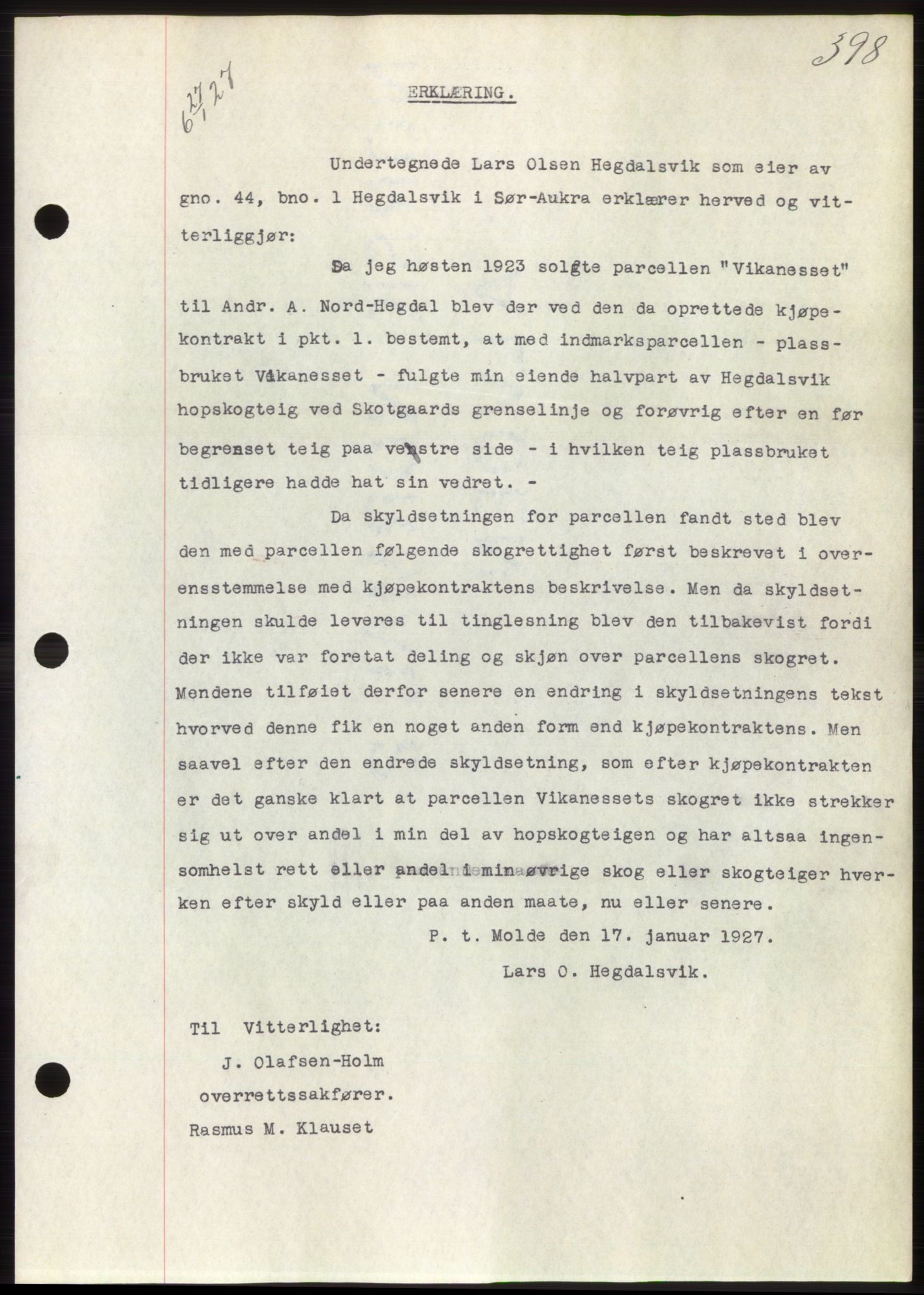 Romsdal sorenskriveri, AV/SAT-A-4149/1/2/2C/L0051: Mortgage book no. 45, 1926-1927, Deed date: 27.01.1927