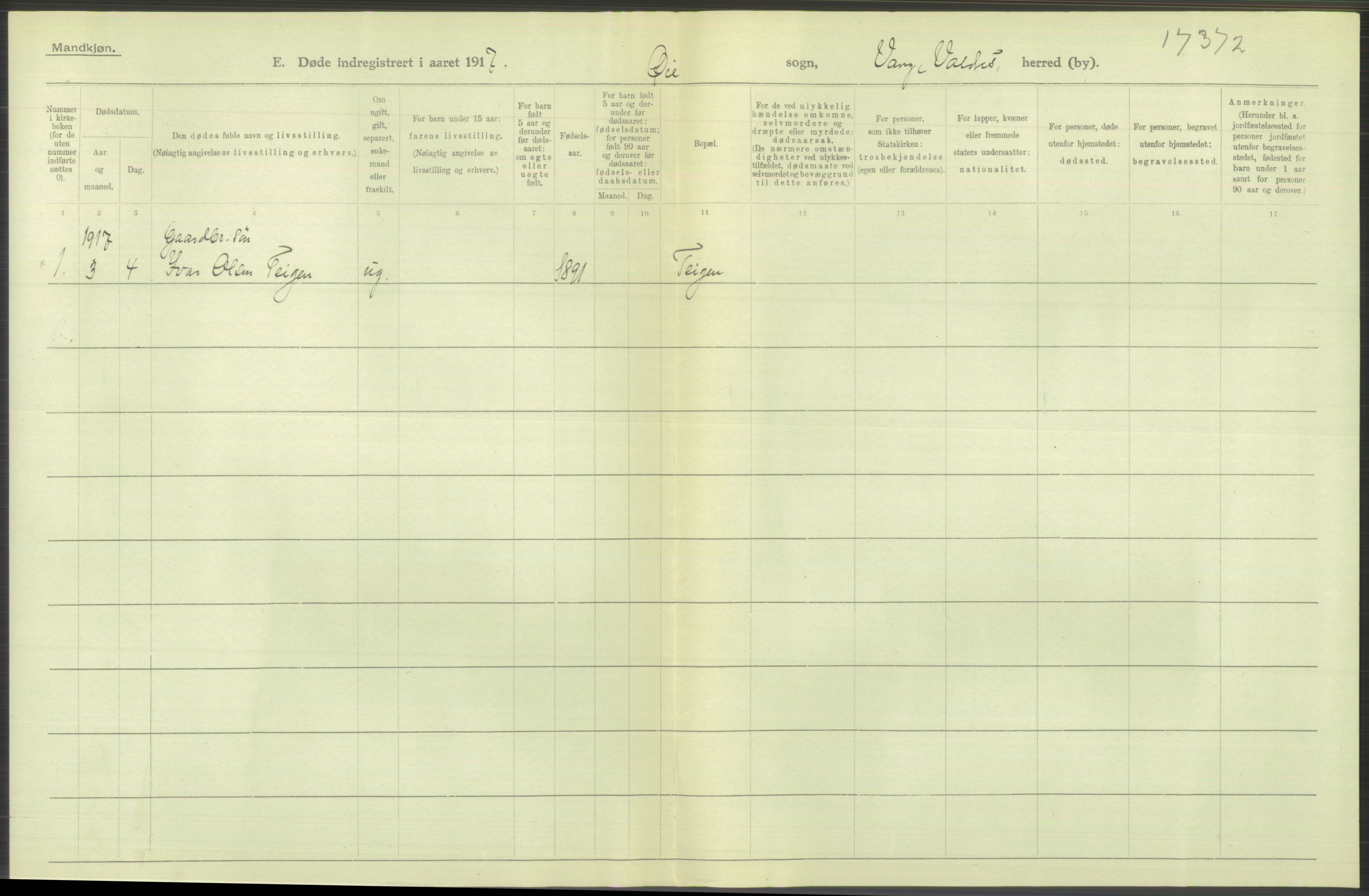 Statistisk sentralbyrå, Sosiodemografiske emner, Befolkning, RA/S-2228/D/Df/Dfb/Dfbg/L0017: Kristians amt: Døde. Bygder, byer., 1917, p. 224