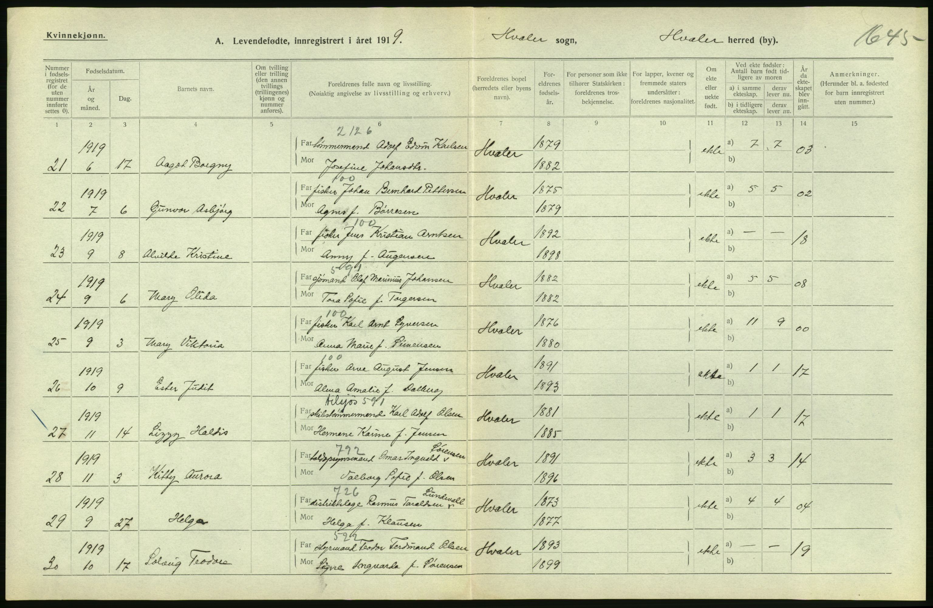 Statistisk sentralbyrå, Sosiodemografiske emner, Befolkning, RA/S-2228/D/Df/Dfb/Dfbi/L0001: Østfold fylke: Levendefødte menn og kvinner. Bygder., 1919, p. 106