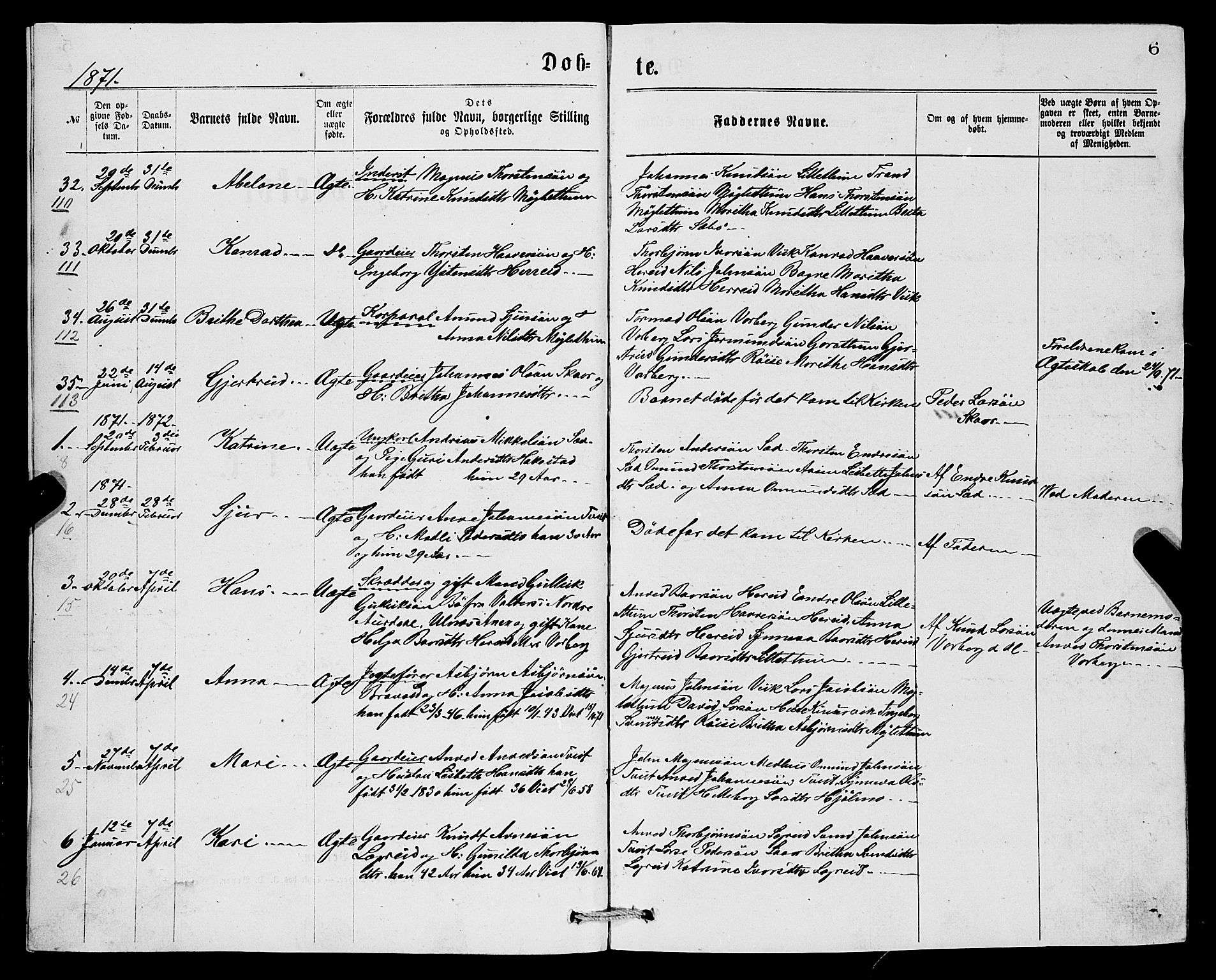 Ullensvang sokneprestembete, SAB/A-78701/H/Hab: Parish register (copy) no. C 2, 1871-1899, p. 6