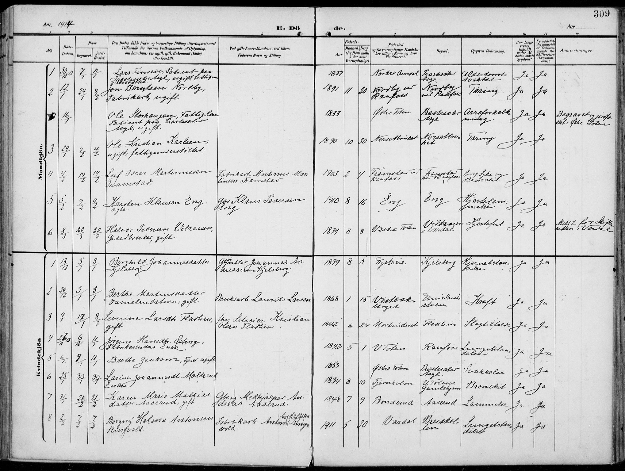 Vestre Toten prestekontor, SAH/PREST-108/H/Ha/Haa/L0014: Parish register (official) no. 14, 1907-1920, p. 309