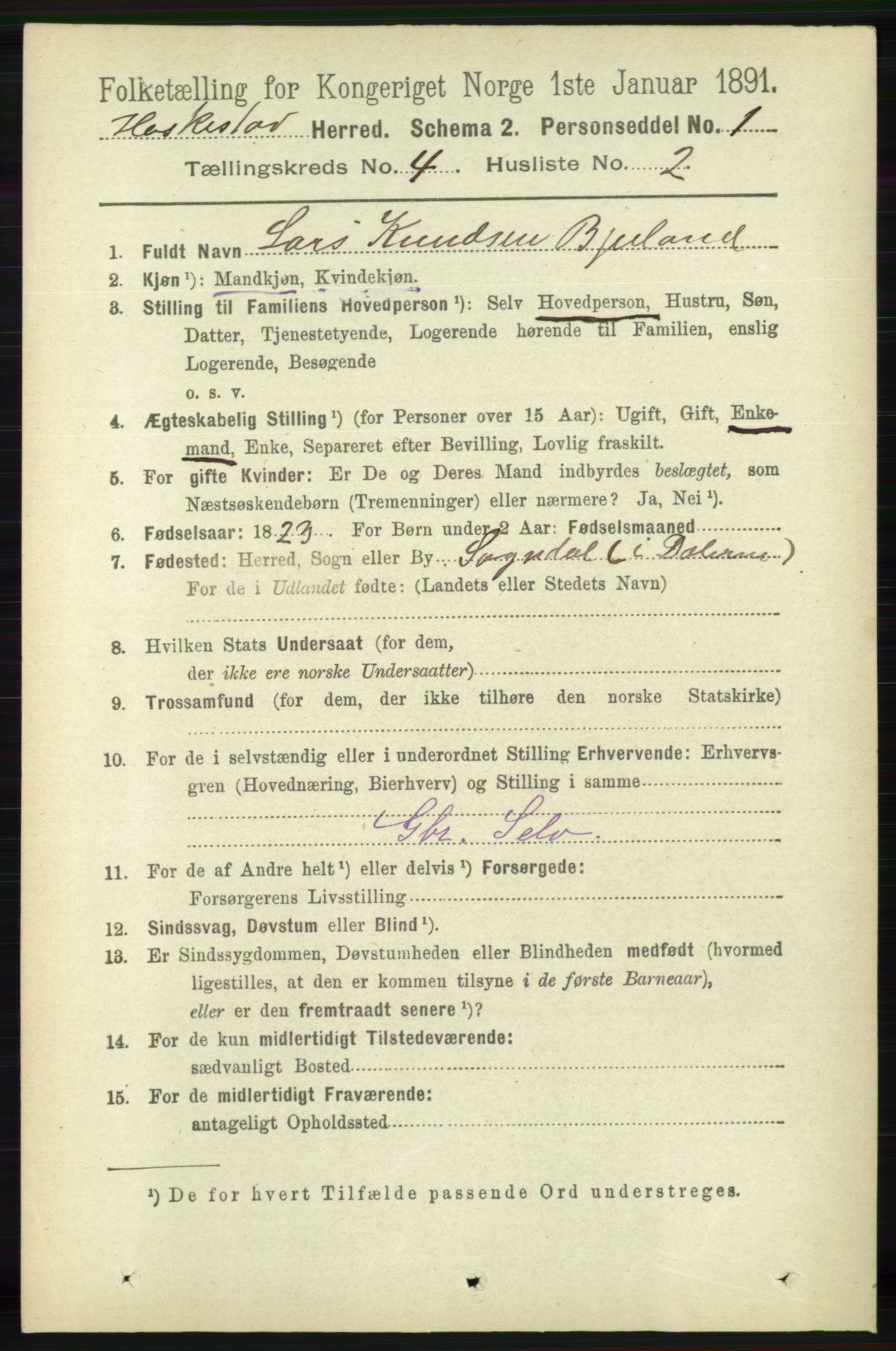 RA, 1891 census for 1113 Heskestad, 1891, p. 549