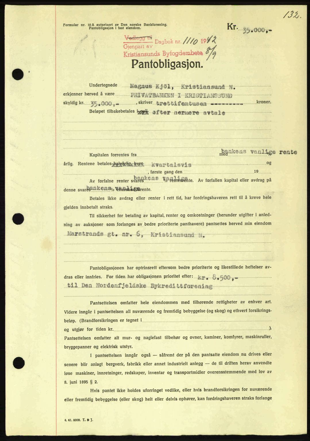 Kristiansund byfogd, SAT/A-4587/A/27: Mortgage book no. 36, 1942-1943, Diary no: : 1110/1942