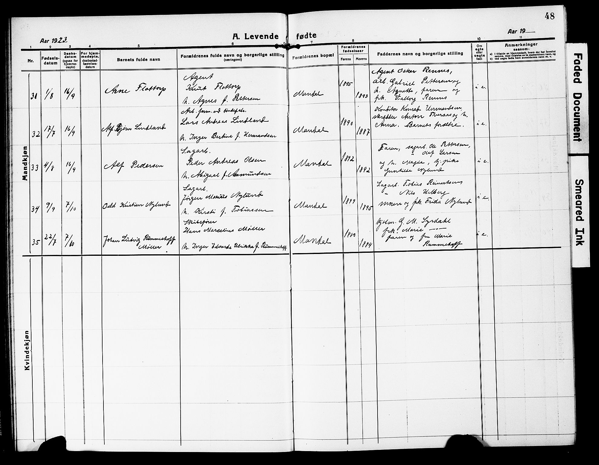 Mandal sokneprestkontor, AV/SAK-1111-0030/F/Fb/Fbc/L0001: Parish register (copy) no. B 1, 1918-1931, p. 48