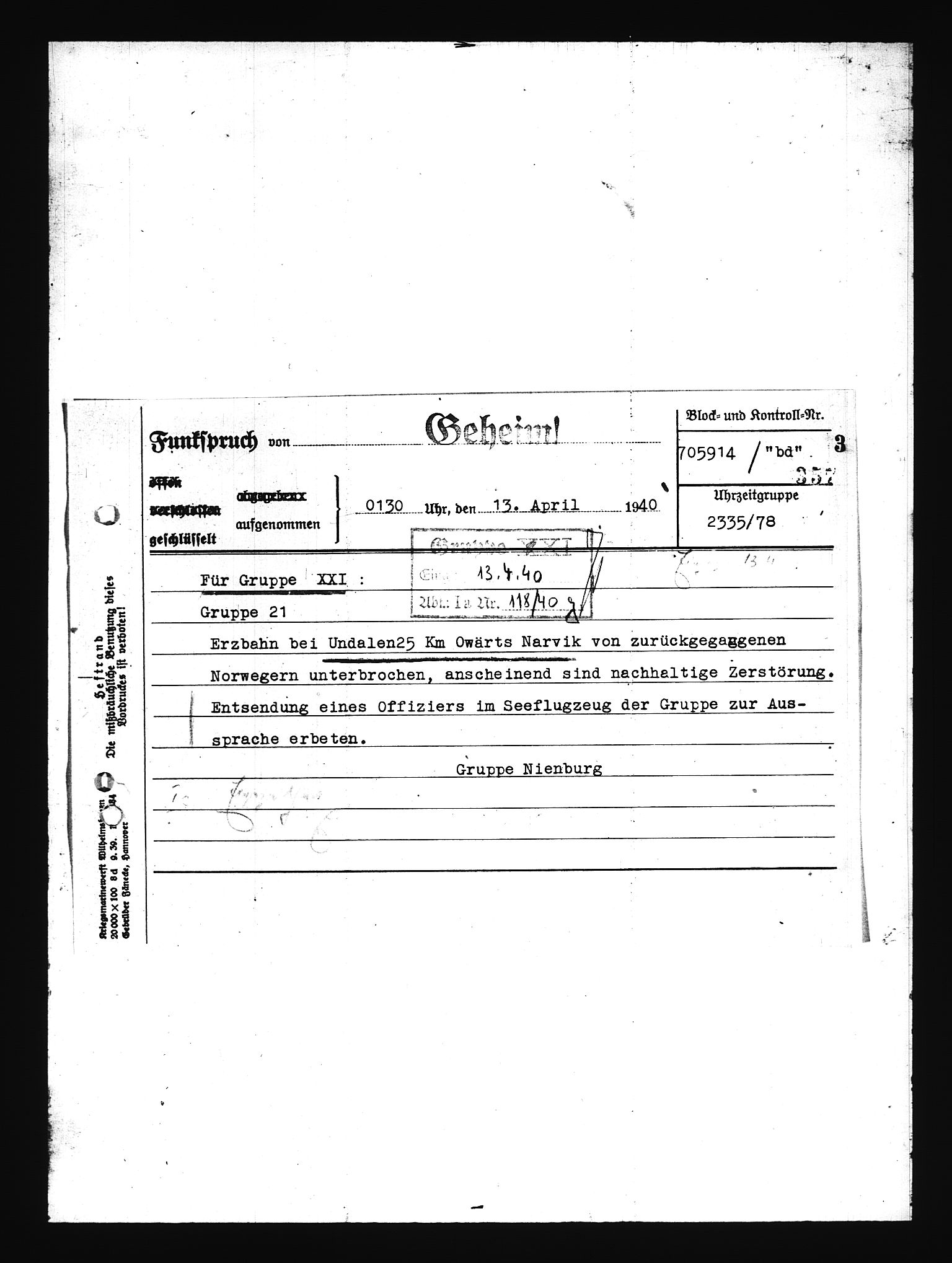 Documents Section, RA/RAFA-2200/V/L0076: Amerikansk mikrofilm "Captured German Documents".
Box No. 715.  FKA jnr. 619/1954., 1940, p. 182
