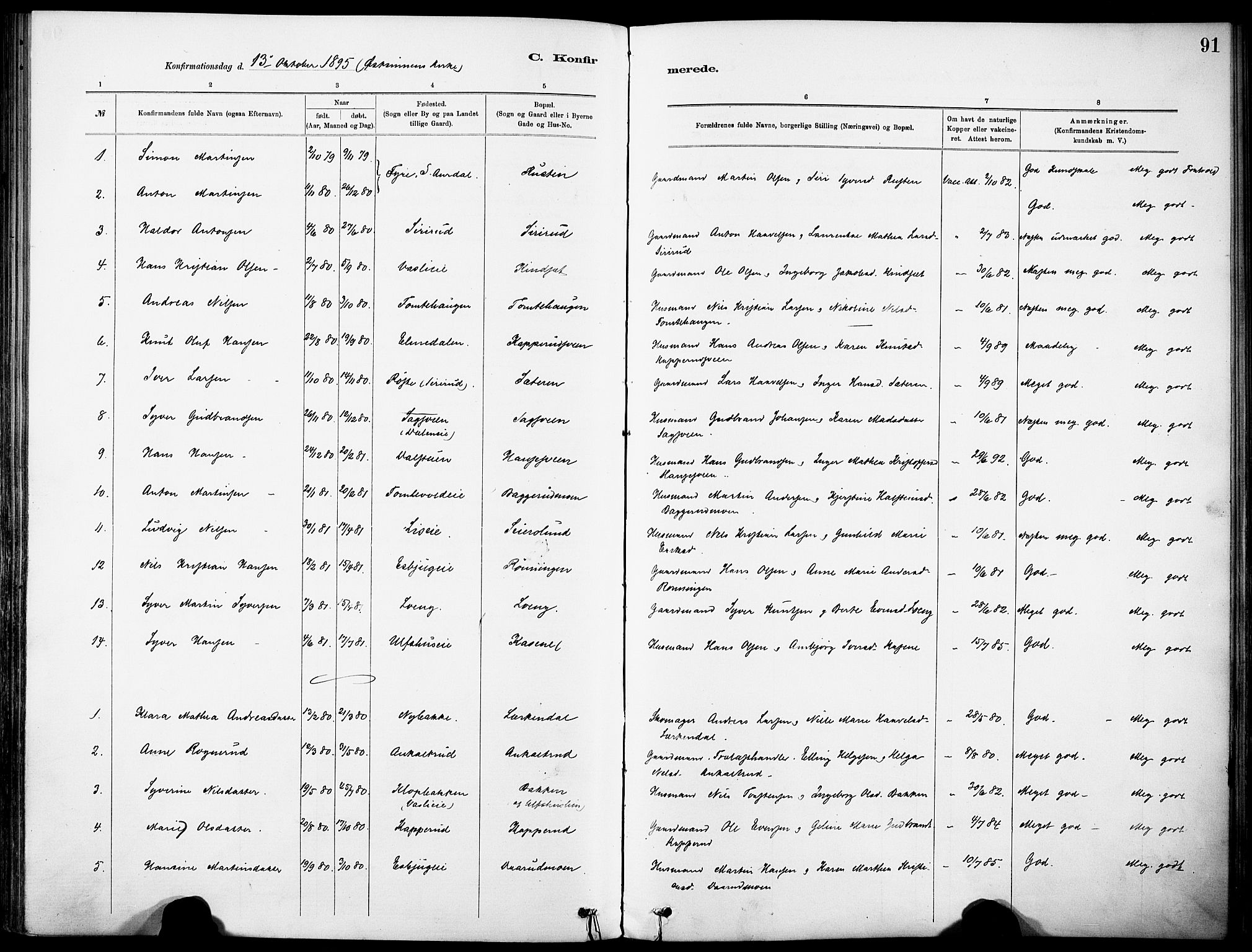 Nordre Land prestekontor, SAH/PREST-124/H/Ha/Haa/L0005: Parish register (official) no. 5, 1882-1903, p. 91