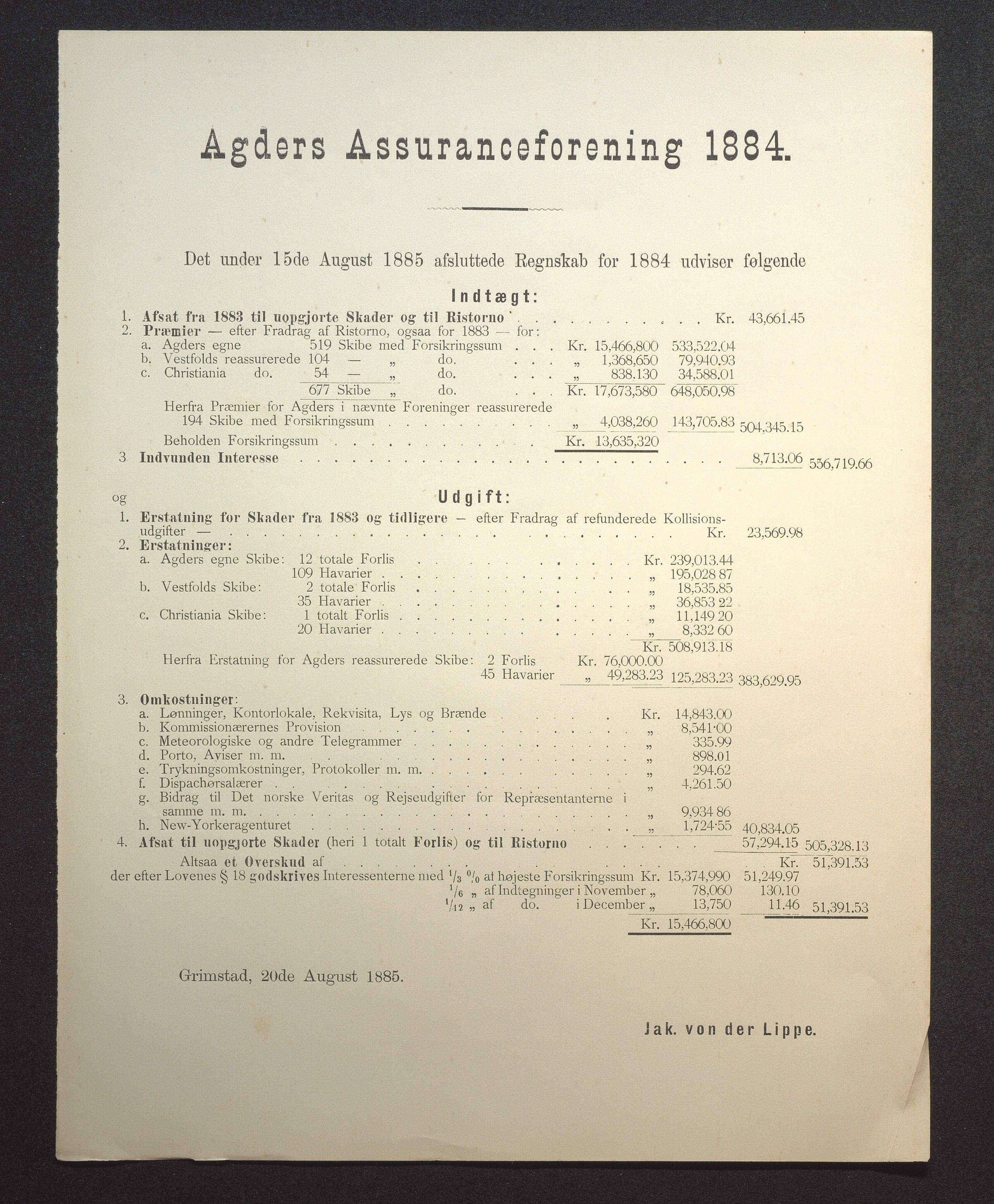 Agders Gjensidige Assuranceforening, AAKS/PA-1718/05/L0002: Regnskap, seilavdeling, pakkesak, 1881-1889