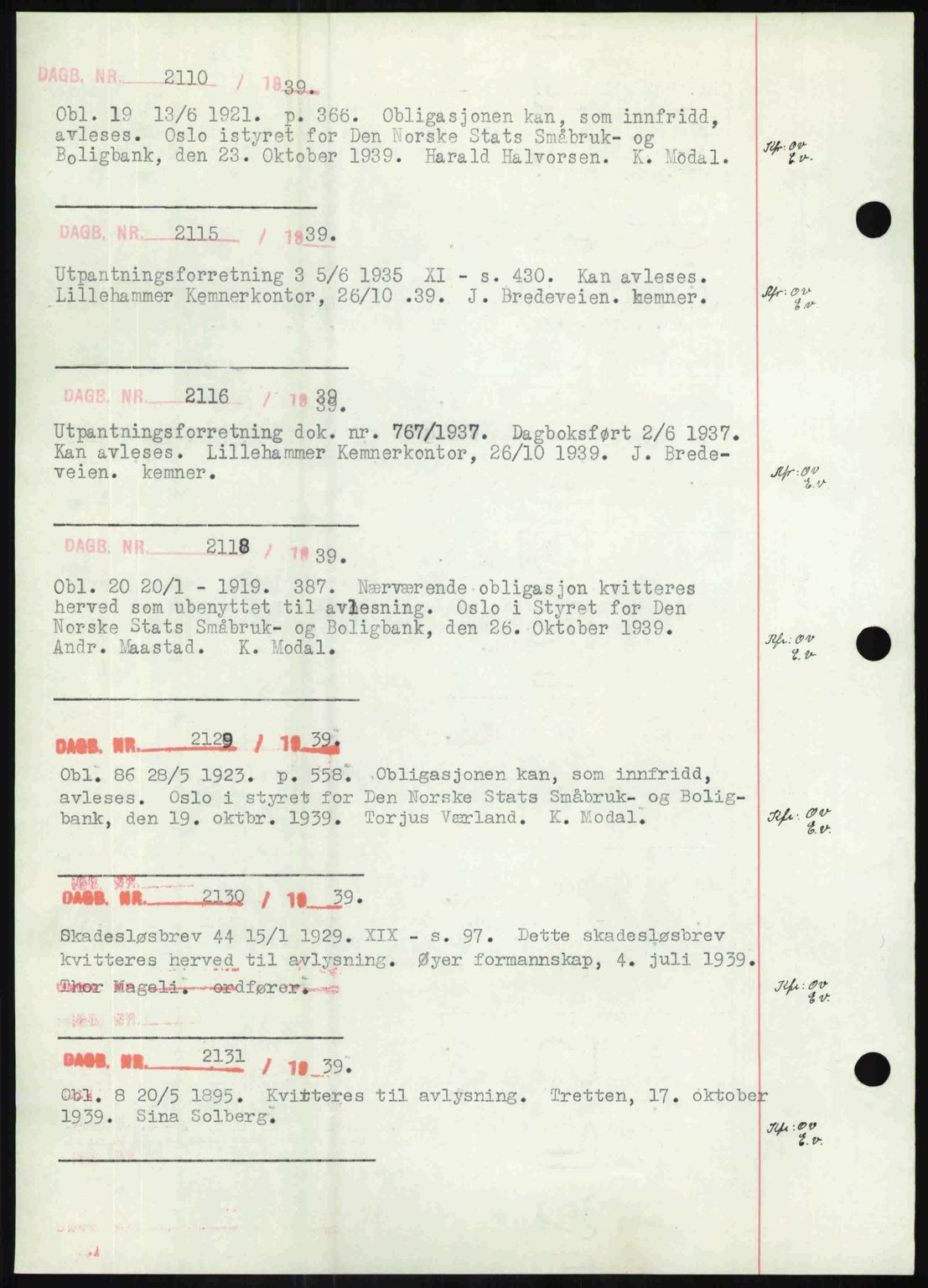 Sør-Gudbrandsdal tingrett, SAH/TING-004/H/Hb/Hbf/L0002: Mortgage book no. C1, 1938-1951, Diary no: : 2110/1939