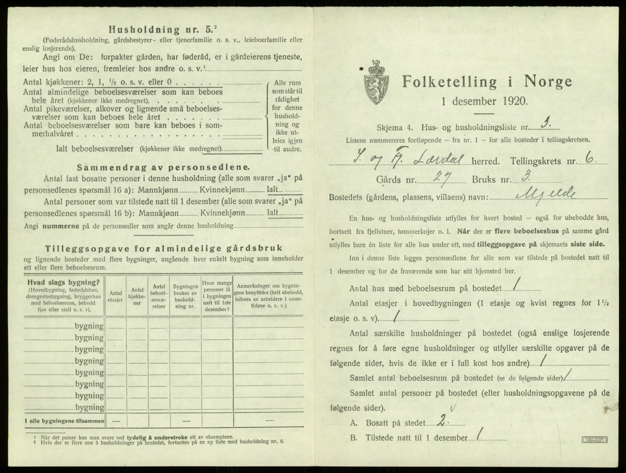 SAB, 1920 census for Lærdal, 1920, p. 426