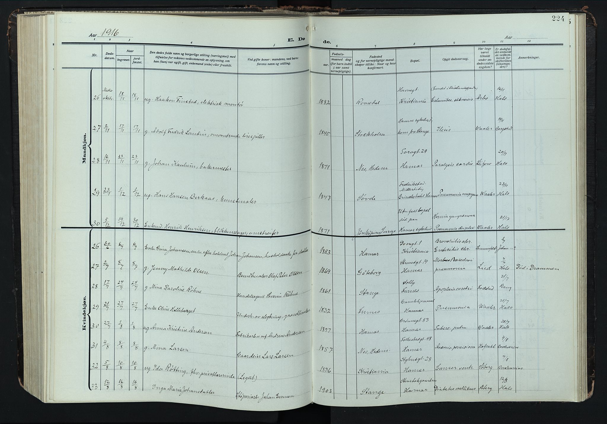 Hamar prestekontor, AV/SAH-DOMPH-002/H/Ha/Hab/L0004: Parish register (copy) no. 4, 1915-1942, p. 224