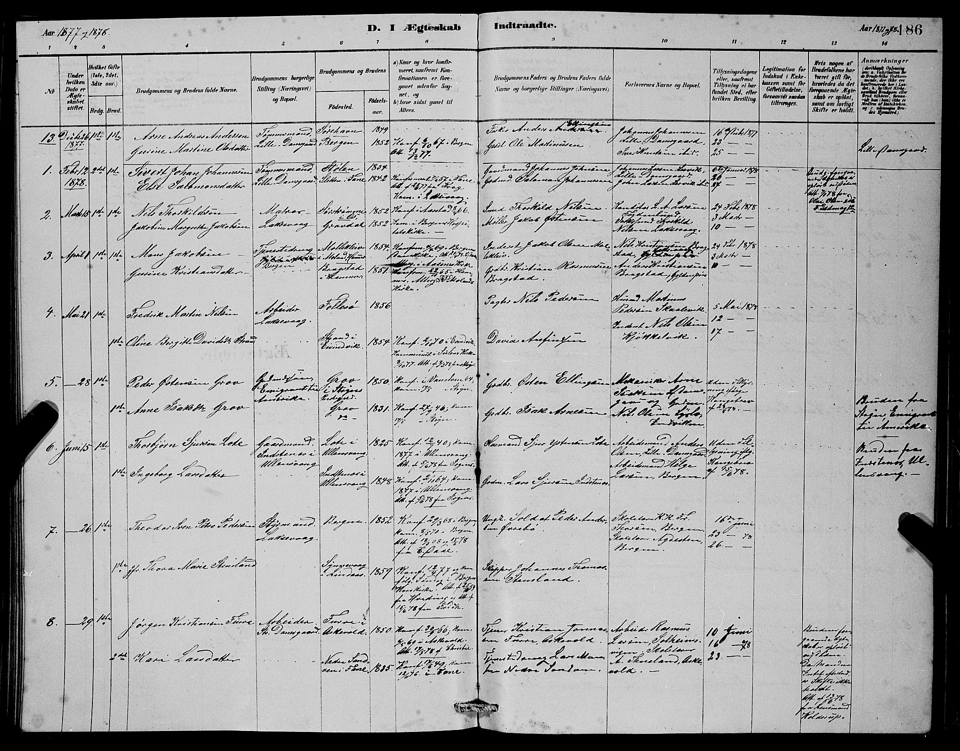 Laksevåg Sokneprestembete, AV/SAB-A-76501/H/Ha/Hab/Haba/L0002: Parish register (copy) no. A 2, 1877-1887, p. 186