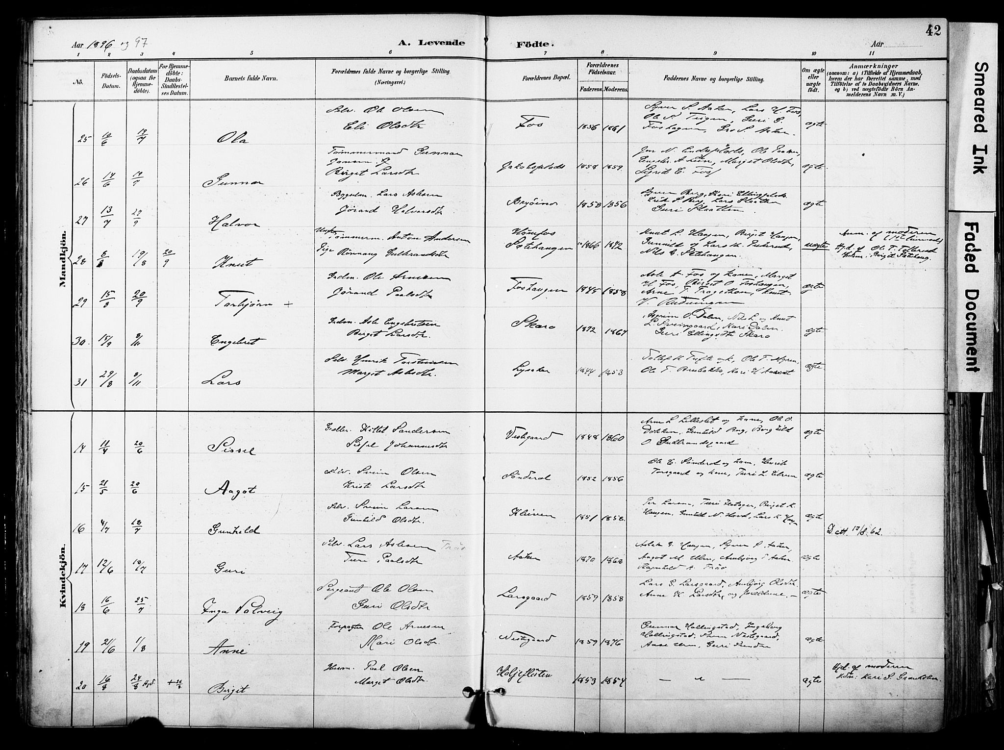 Hol kirkebøker, AV/SAKO-A-227/F/Fa/L0003: Parish register (official) no. I 3, 1887-1918, p. 42